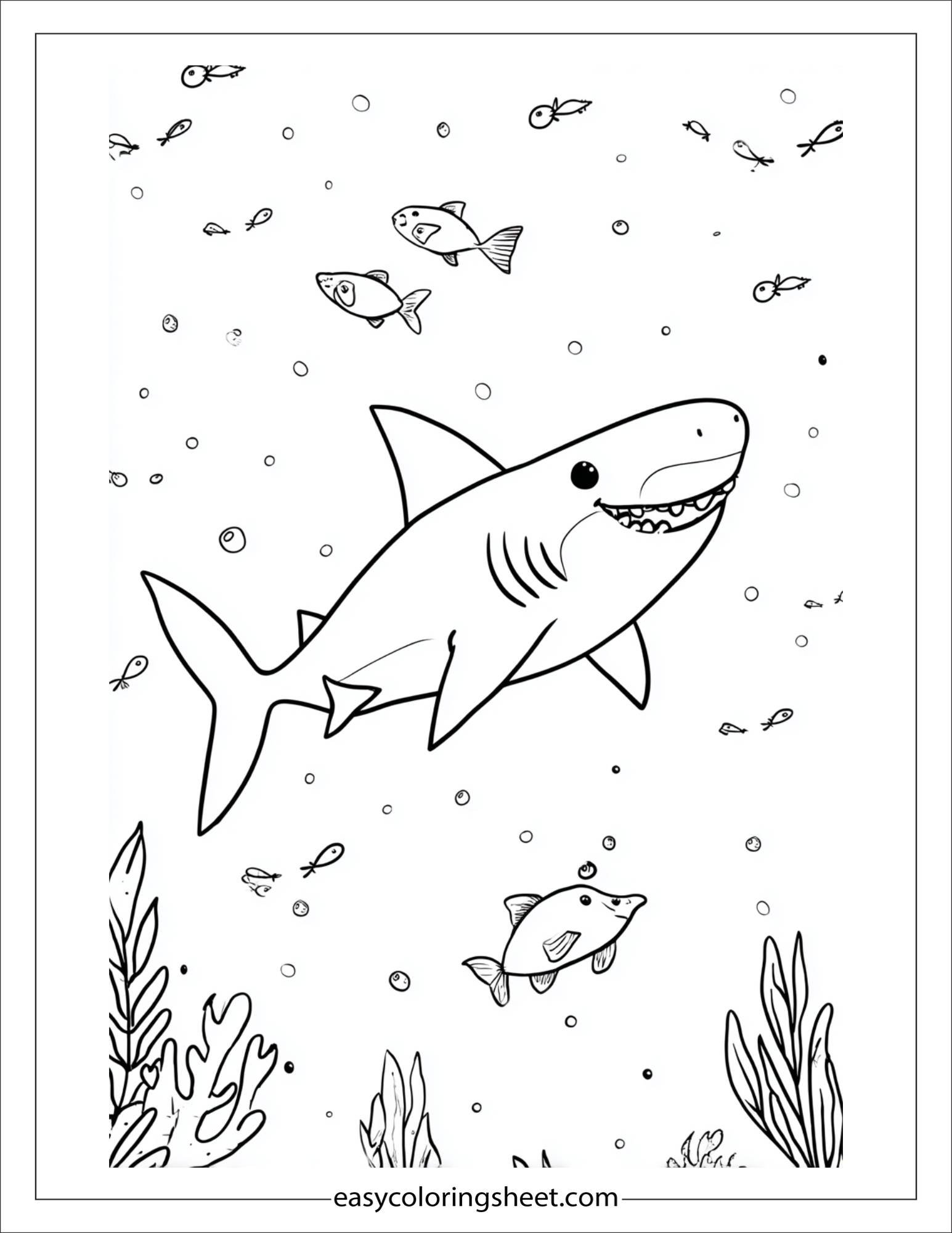 kids coloring sheet of Shark chasing small fish playfully