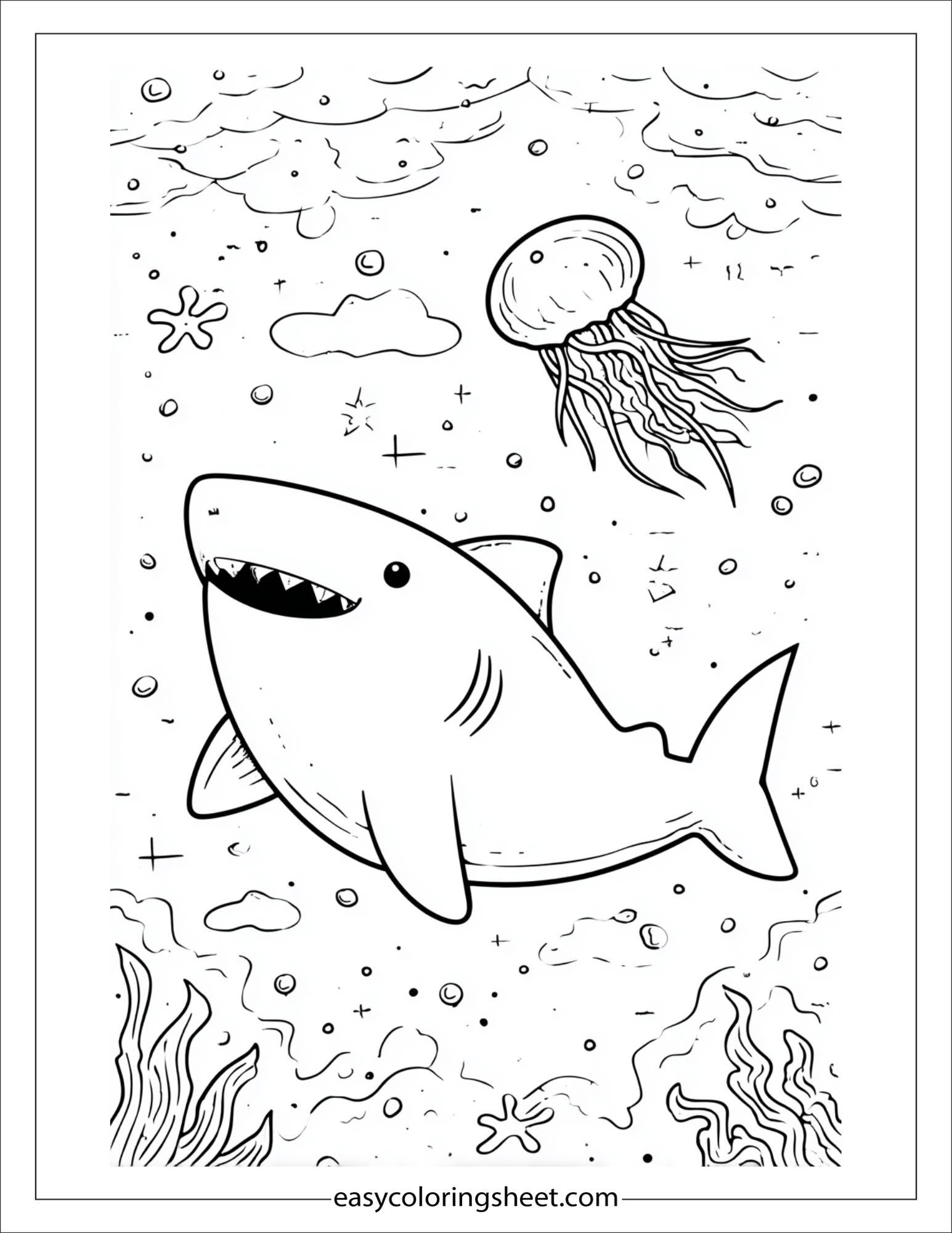 kids coloring sheet of Shark dancing with a jellyfish