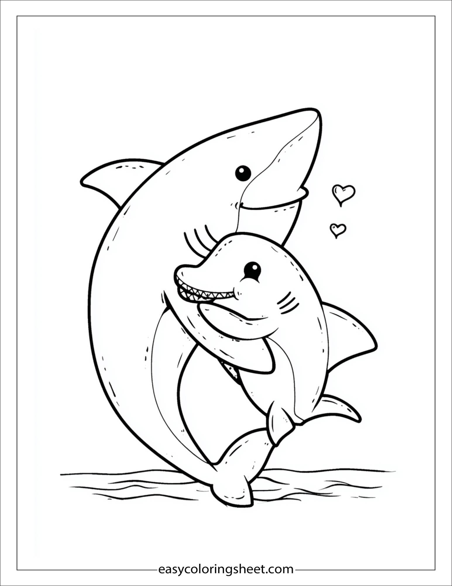 kids coloring sheet of Shark hugging a dolphin