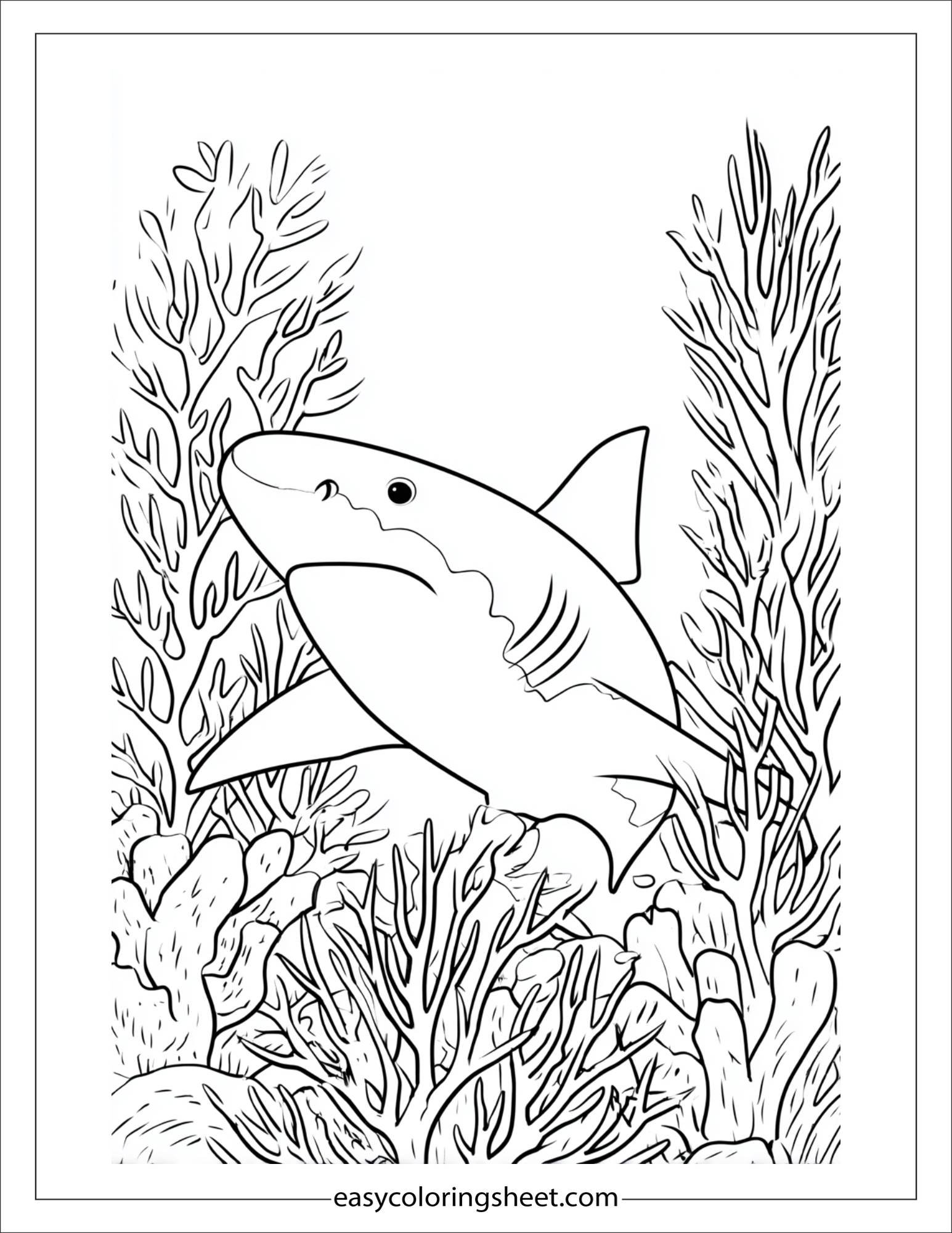kids coloring sheet of Shark peeking from coral