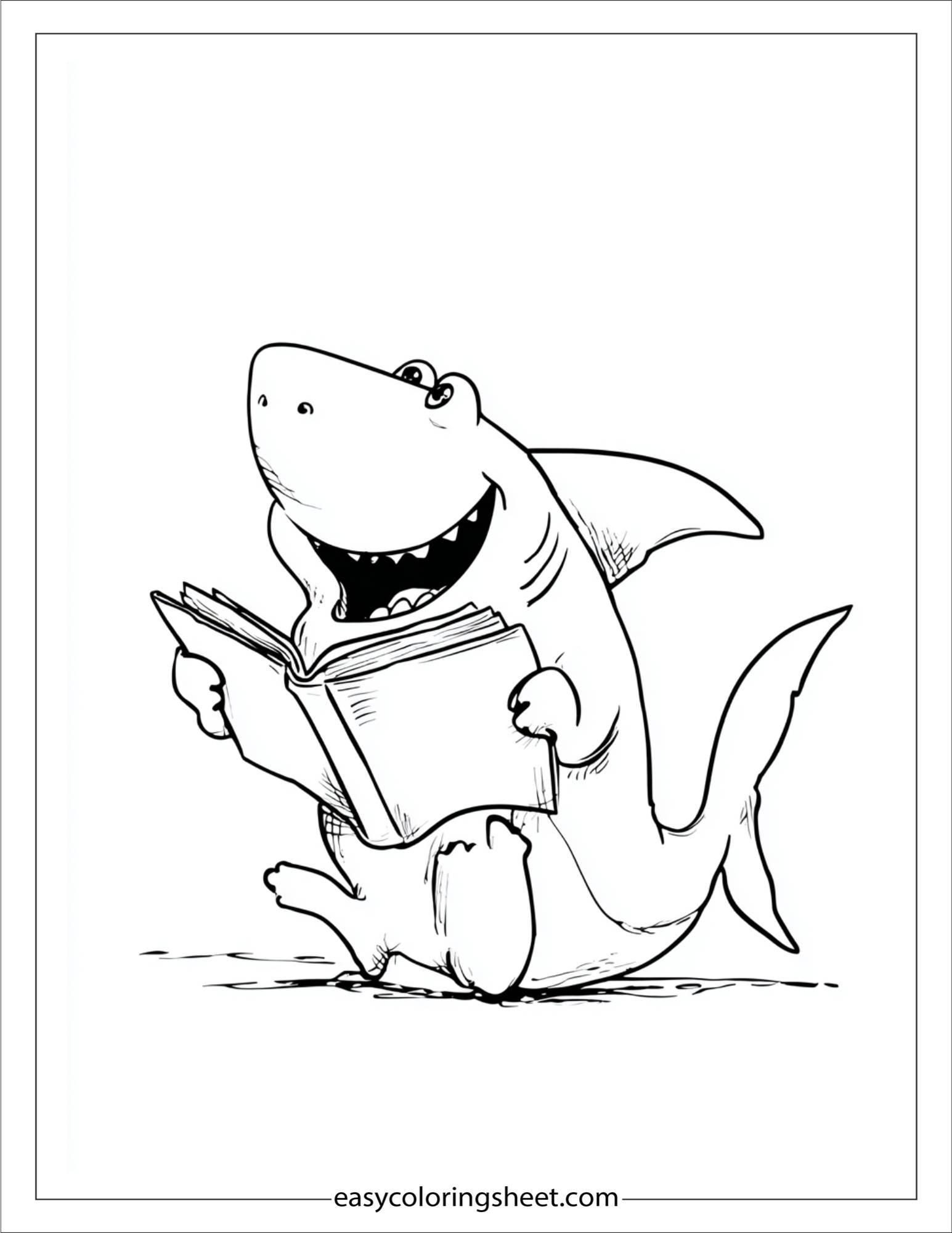kids coloring sheet of Shark reading a book