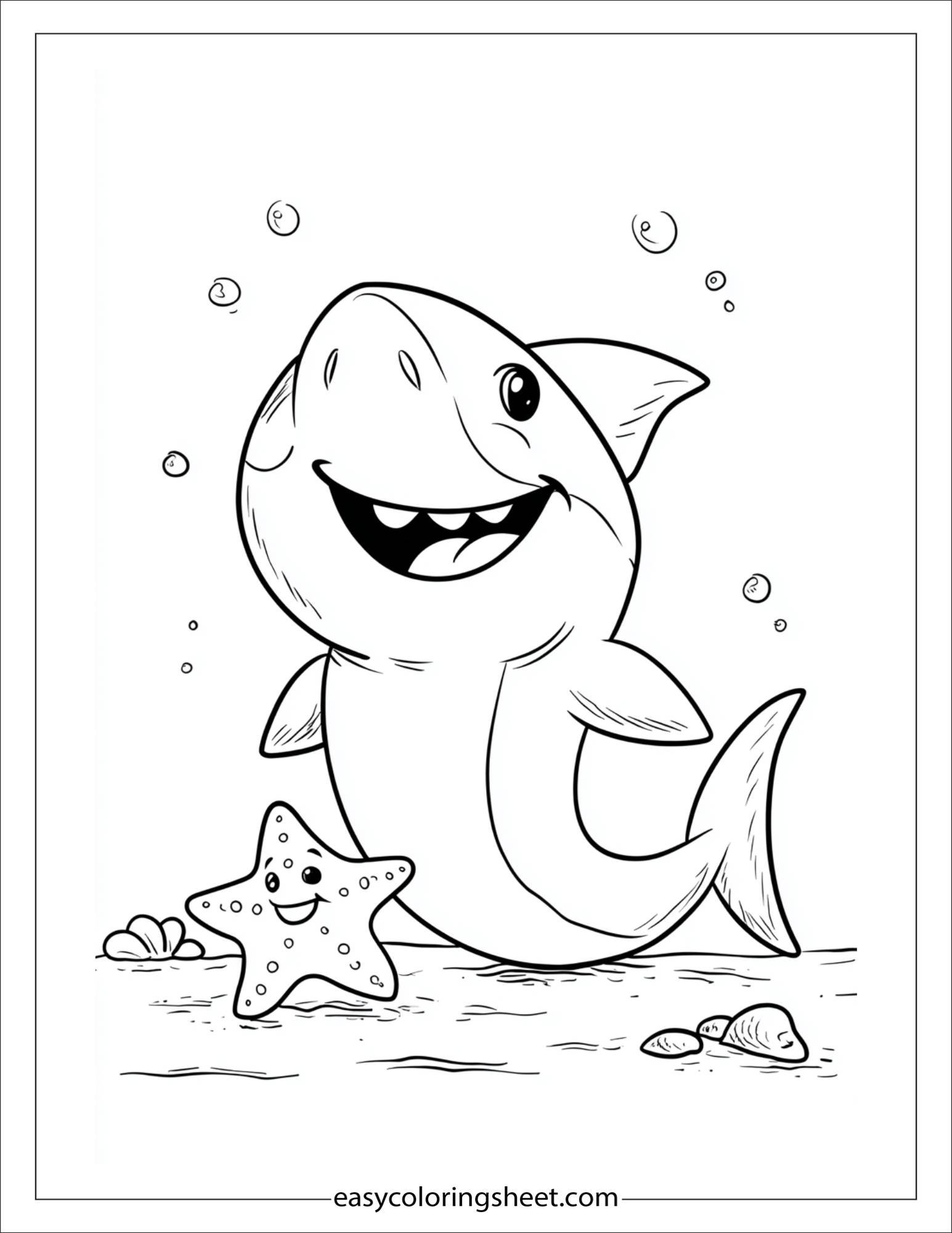 kids coloring sheet of Shark smiling with a starfish friend