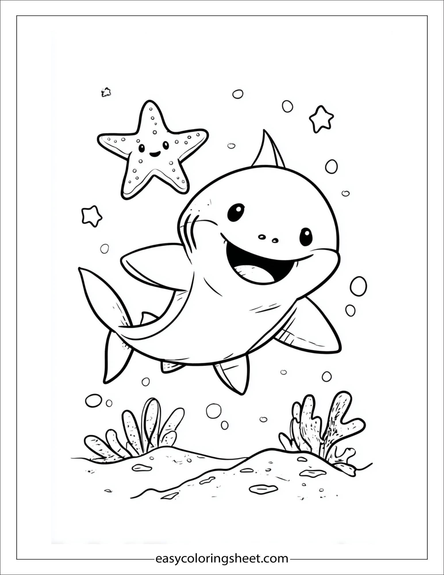 kids coloring sheet of Shark smiling with sharp teeth