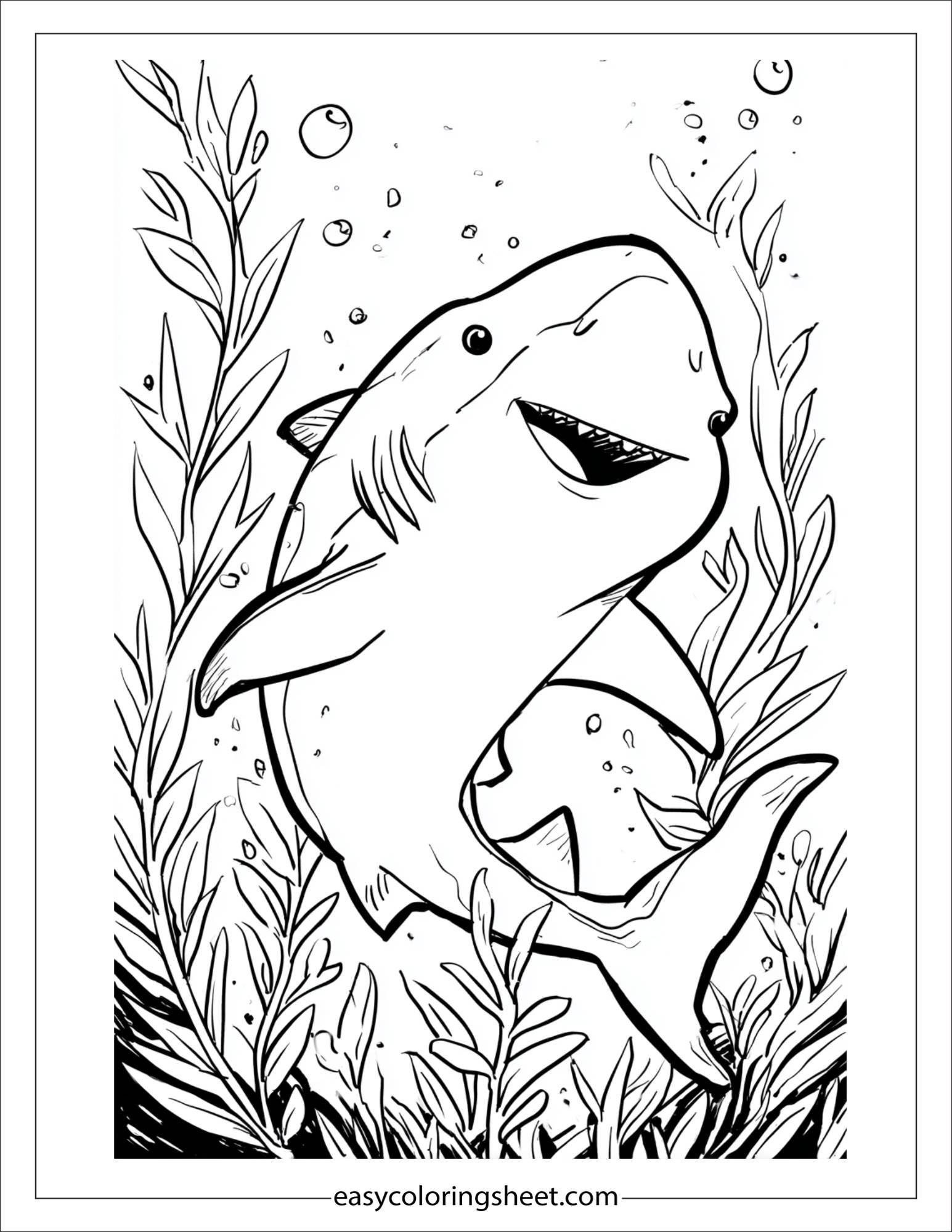 kids coloring sheet of Shark tickled by seaweed
