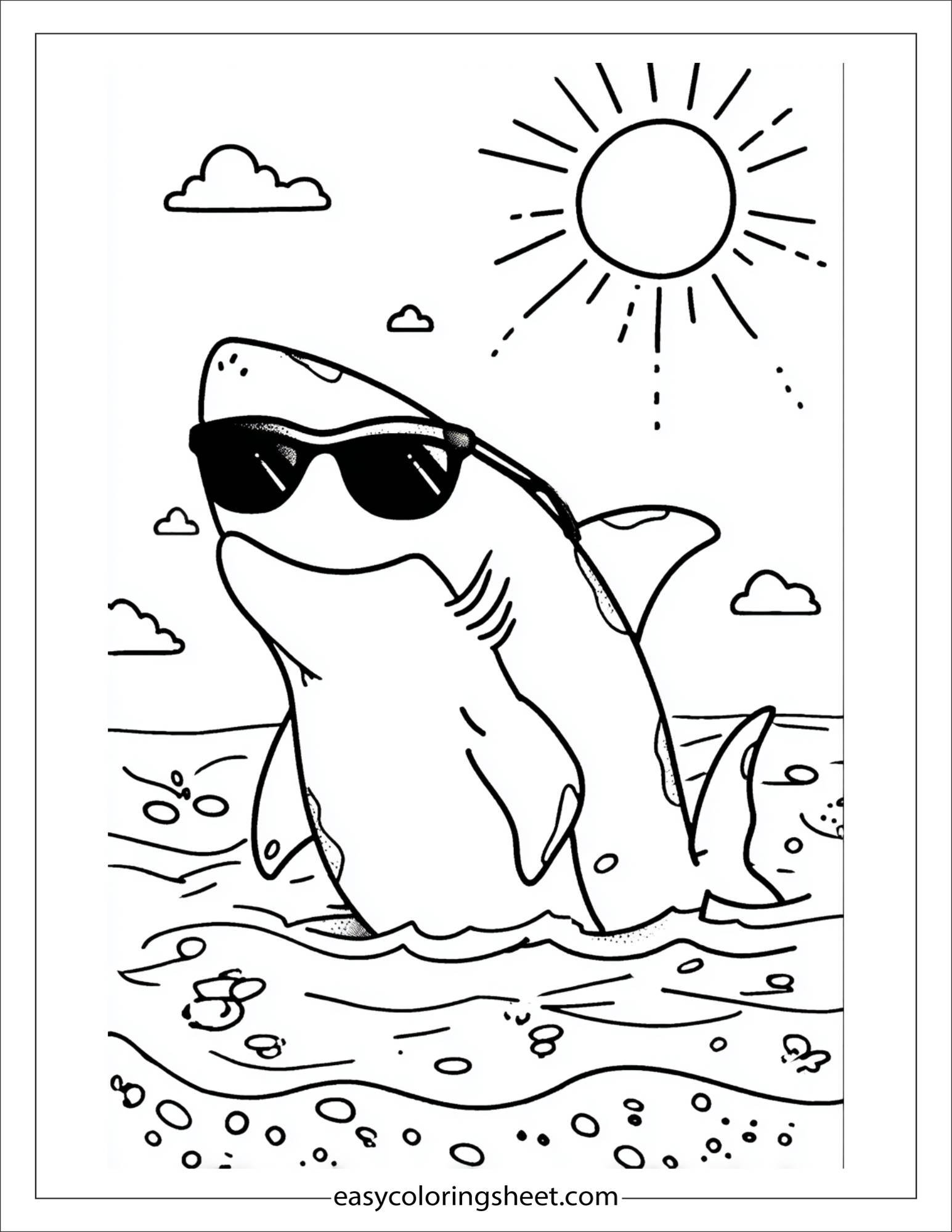 kids coloring sheet of Shark wearing sunglasses