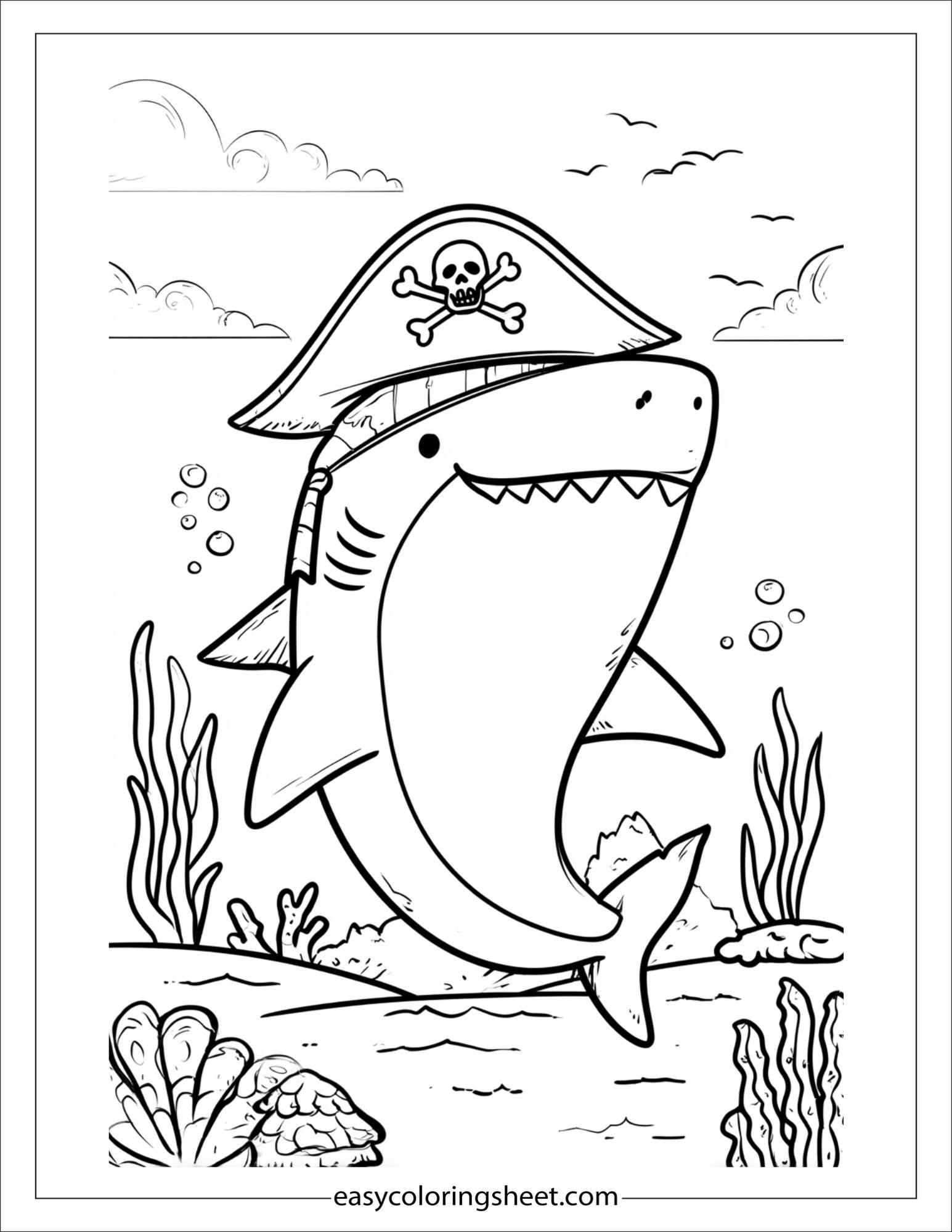 kids coloring sheet of Shark with a pirate hat