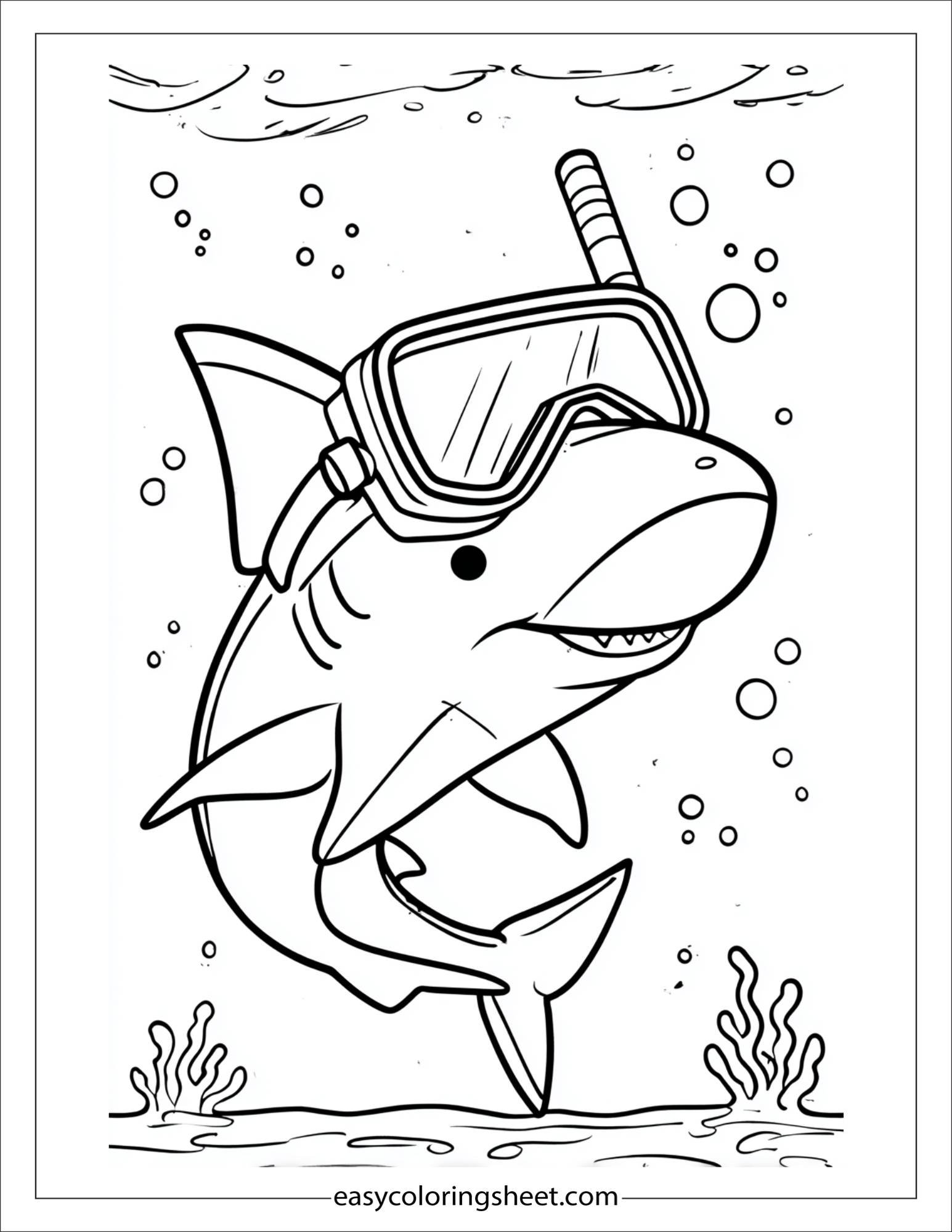 kids coloring sheet of Shark with a snorkel mask