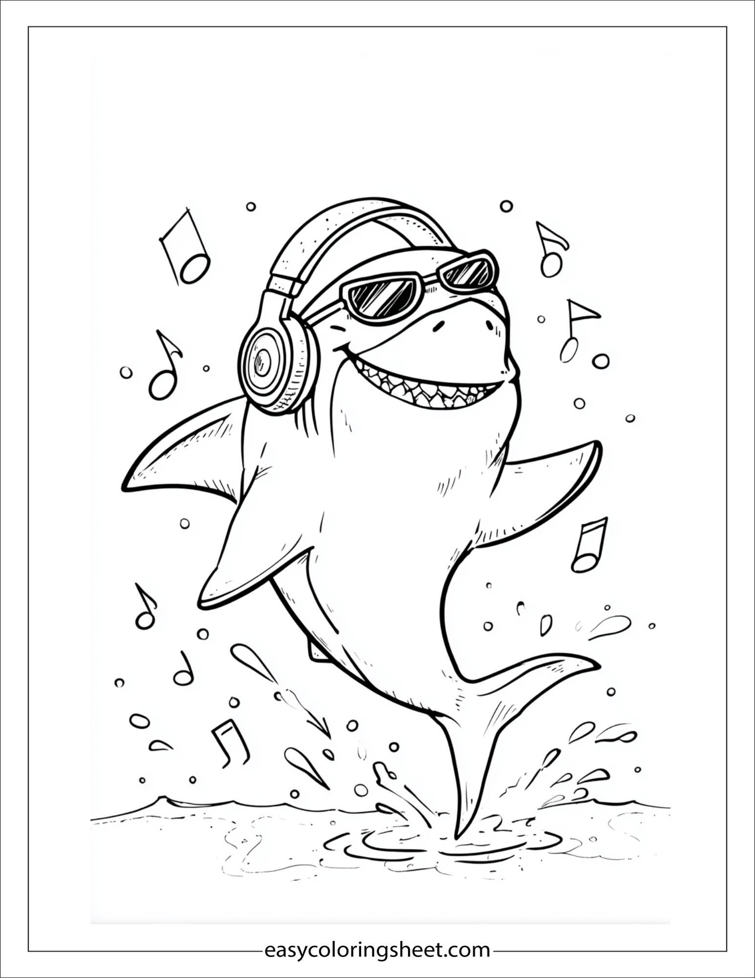 kids coloring sheet of Shark with headphones dancing
