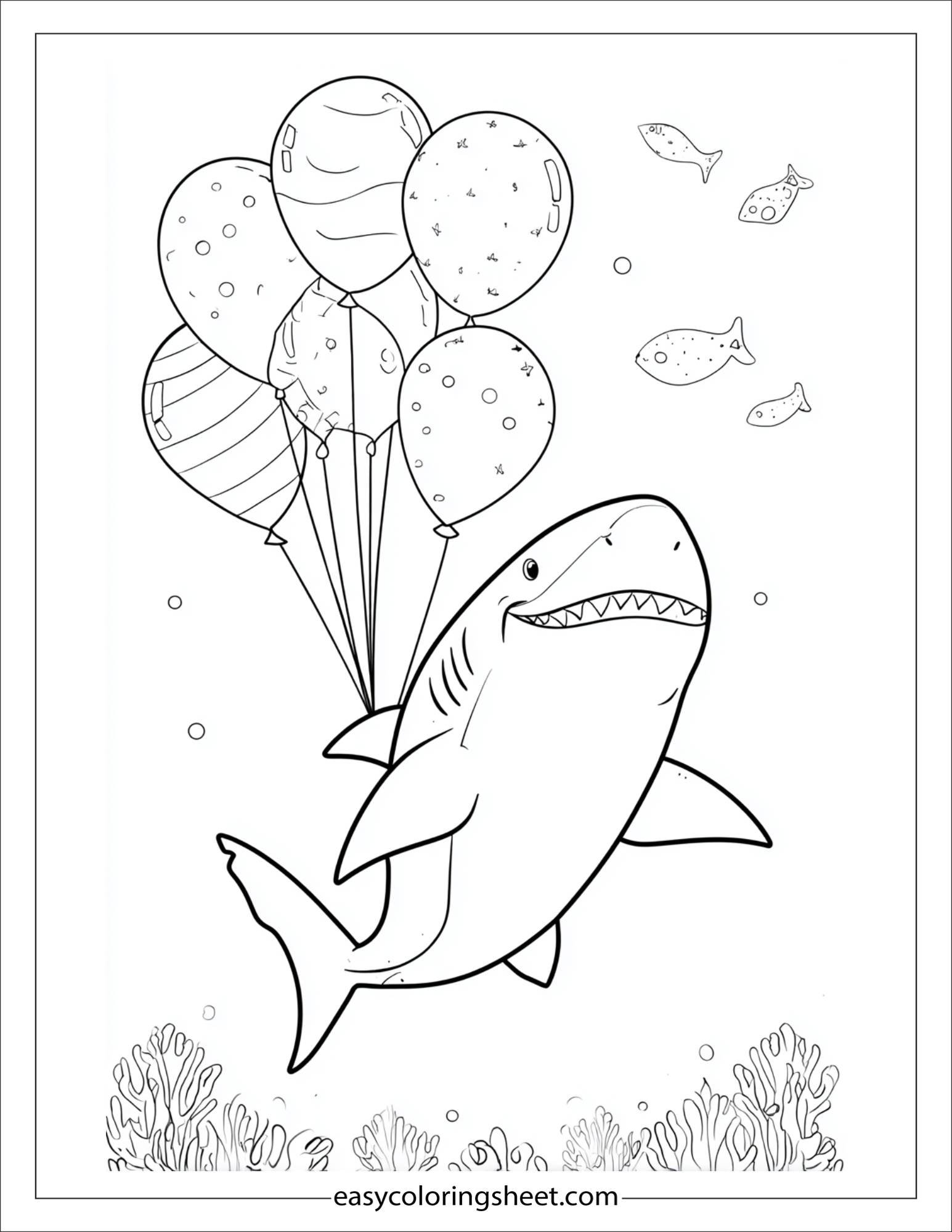 kids coloring sheet of Shark with party balloons