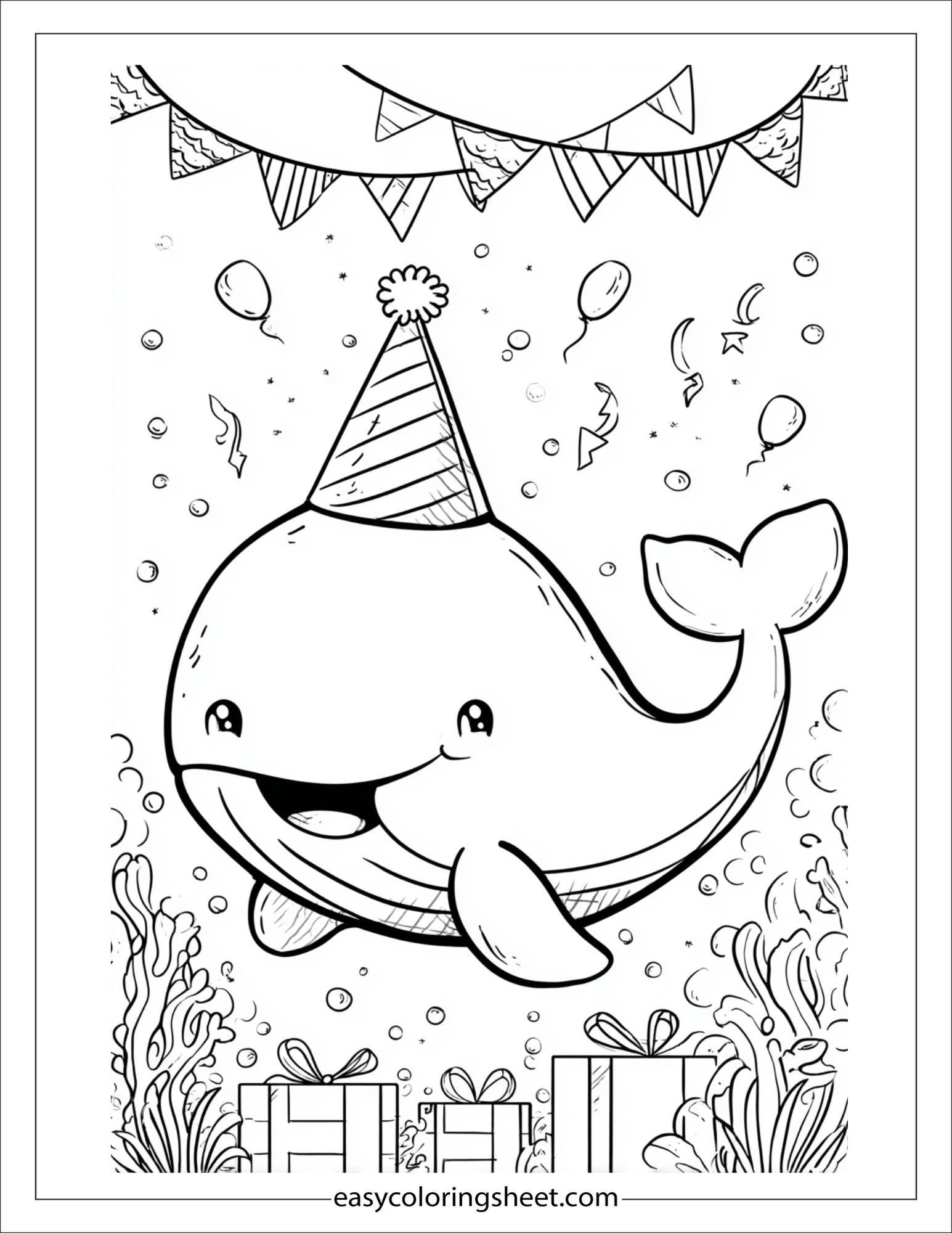 kids coloring sheet of Whale celebrating birthday