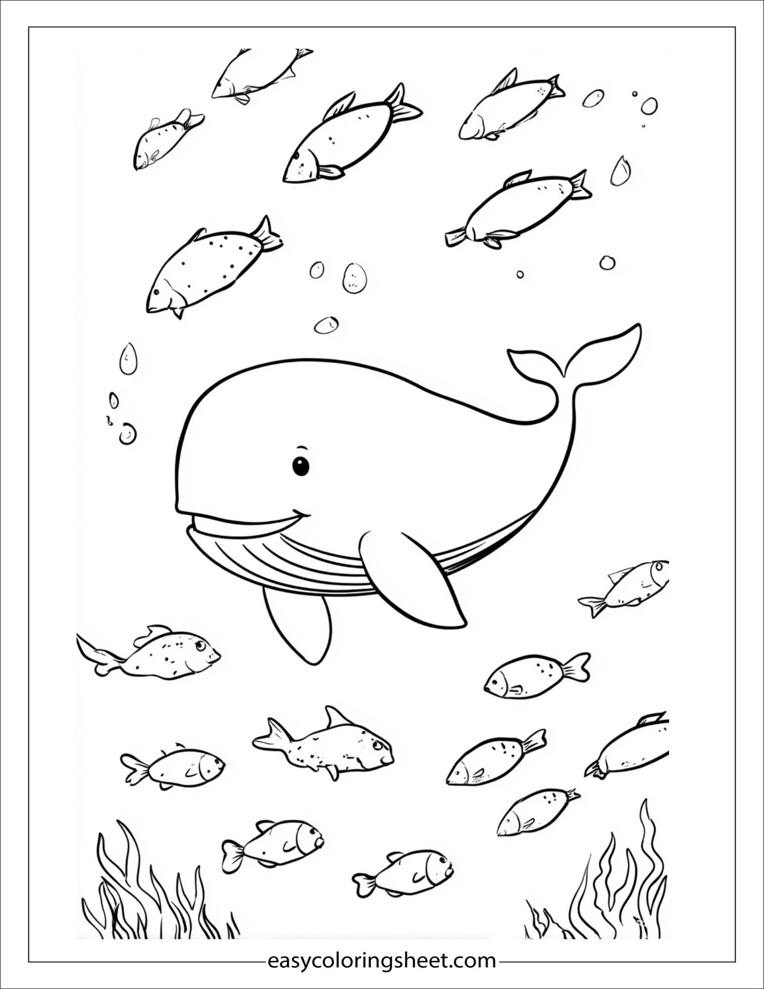 kids coloring sheet of Whale chasing a school of fish
