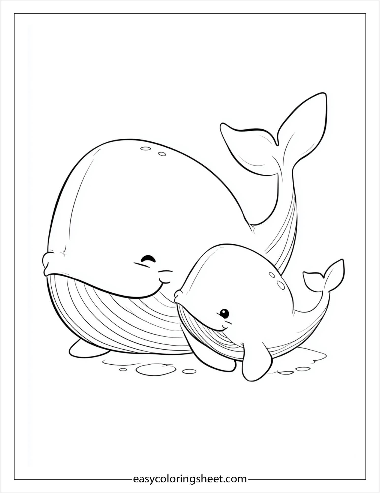 kids coloring sheet of Whale cuddling baby calf