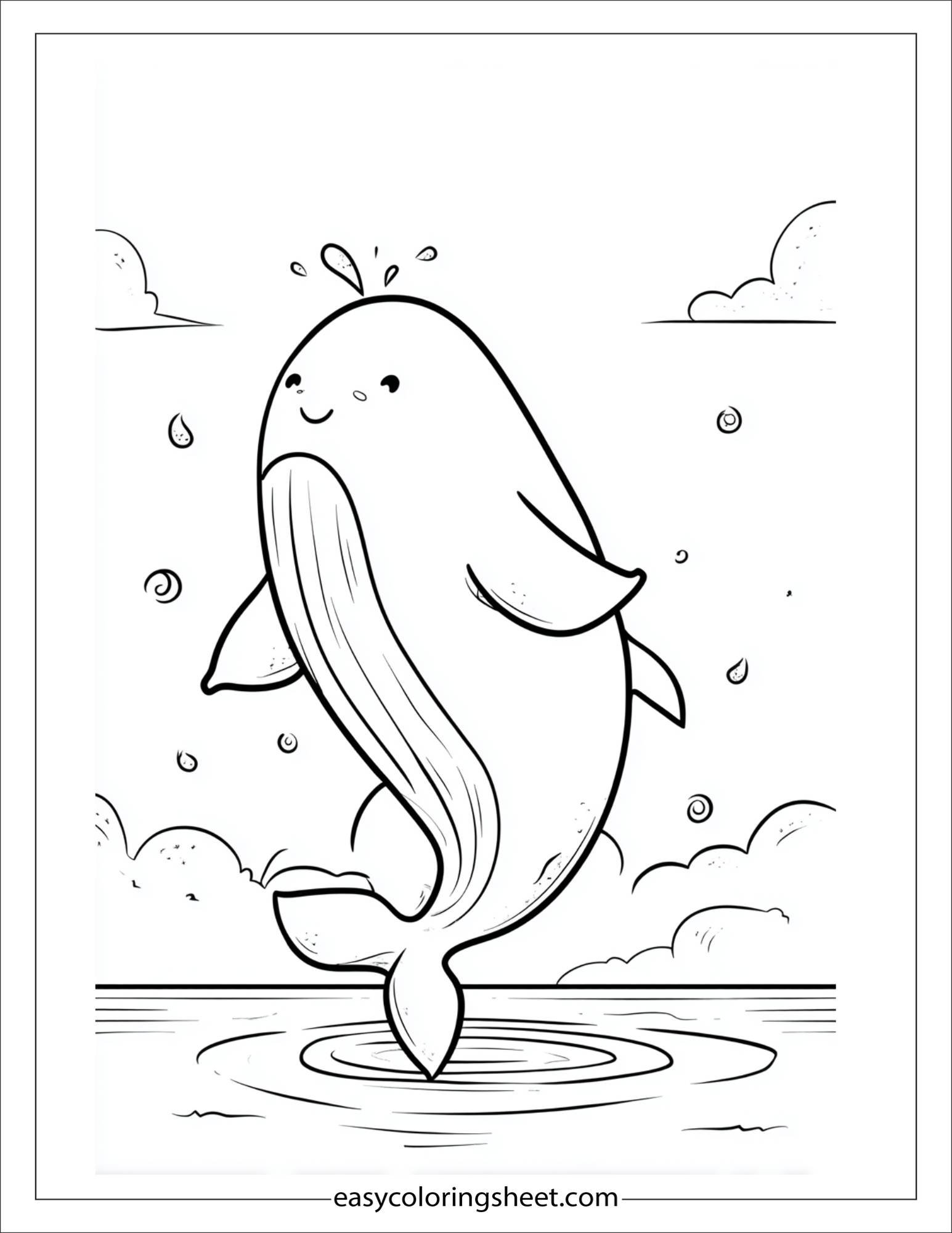 kids coloring sheet of Whale dancing in ocean swirl