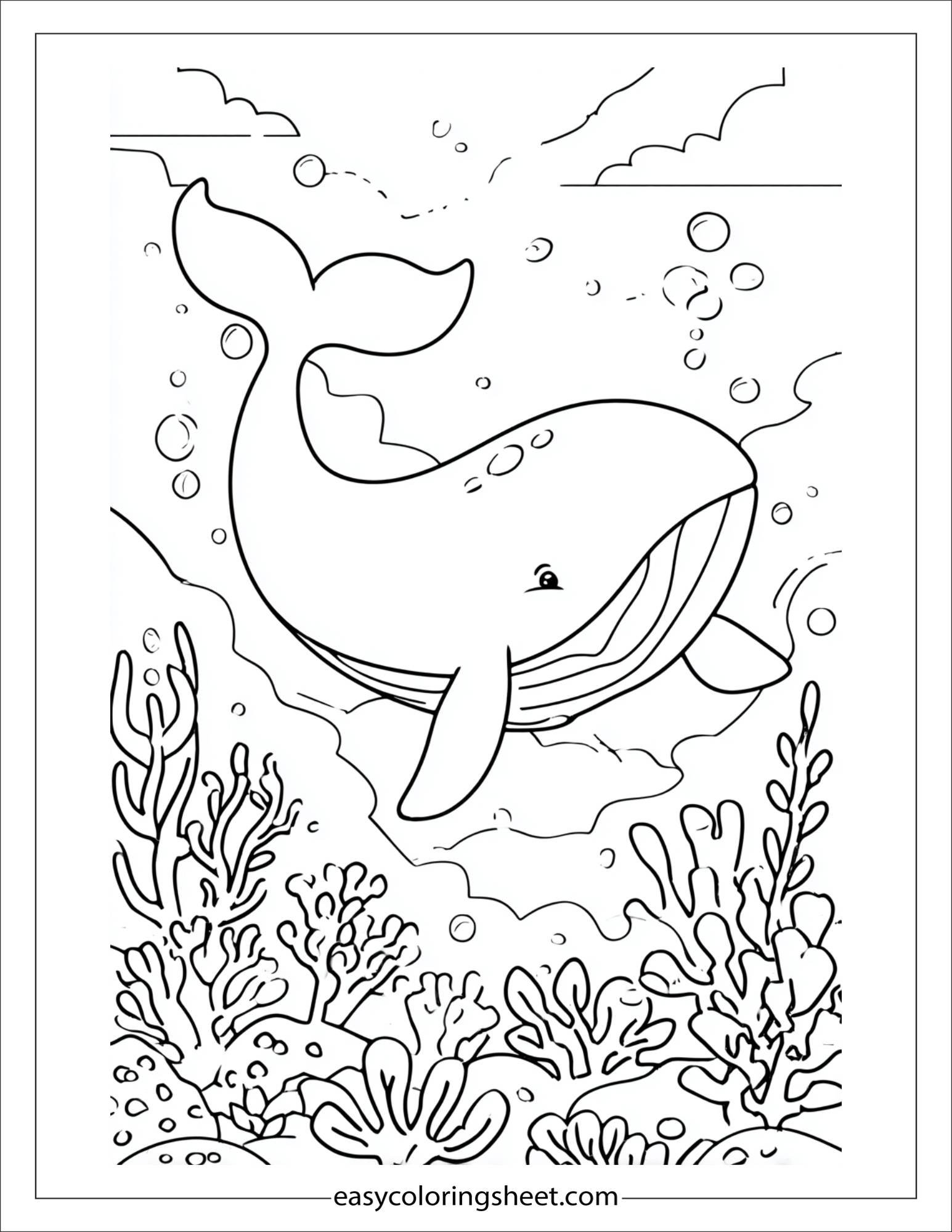kids coloring sheet of Whale diving into deep sea
