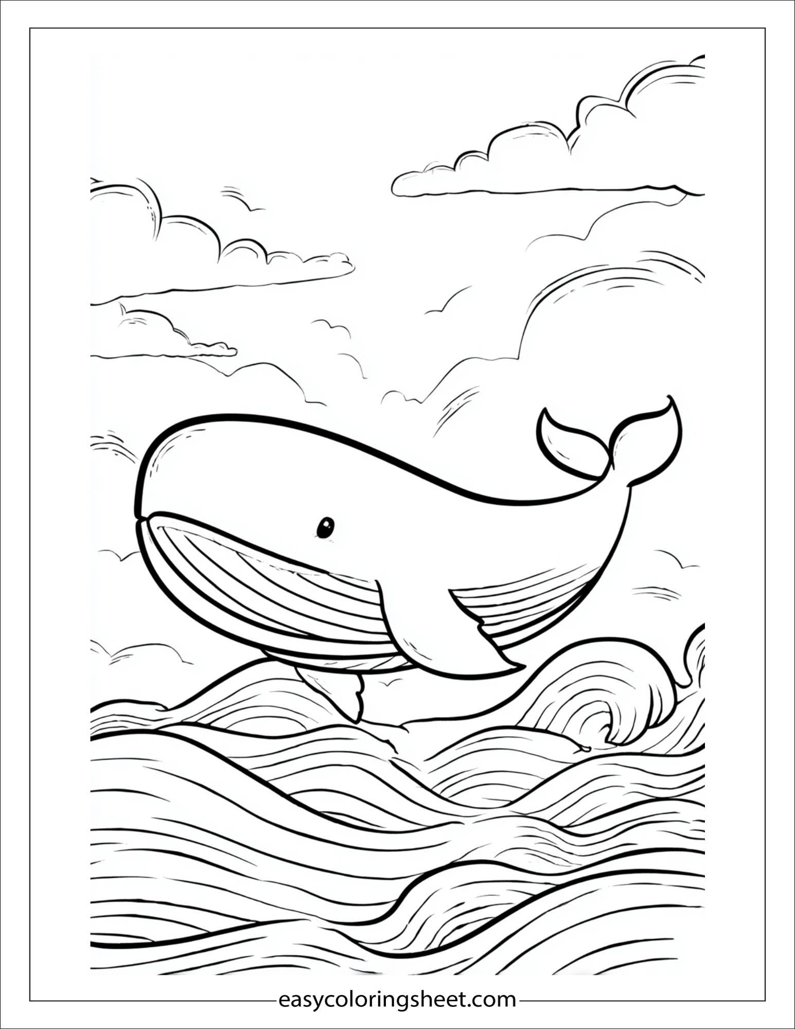 kids coloring sheet of Whale gliding with sea breeze