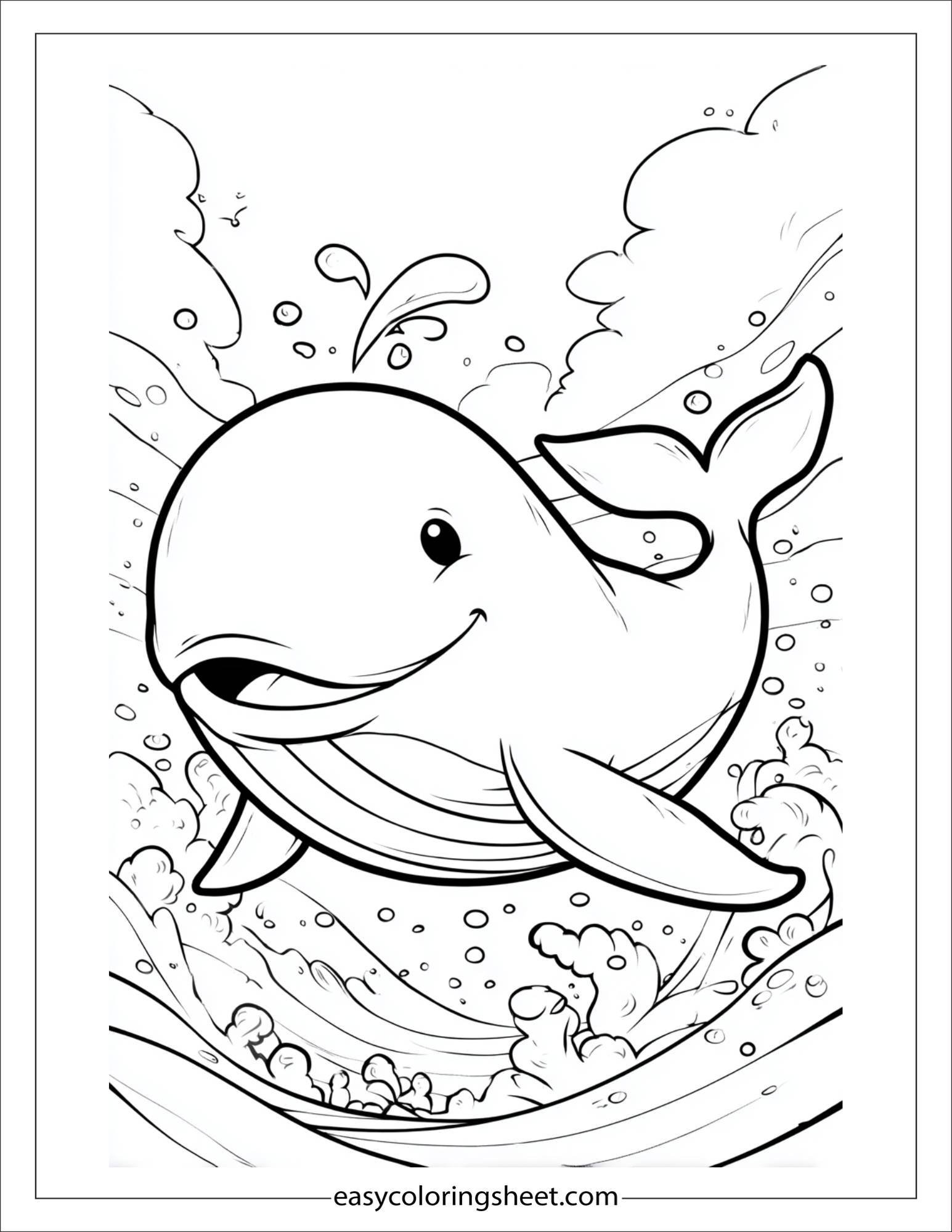 kids coloring sheet of Whale in mid-spin underwater