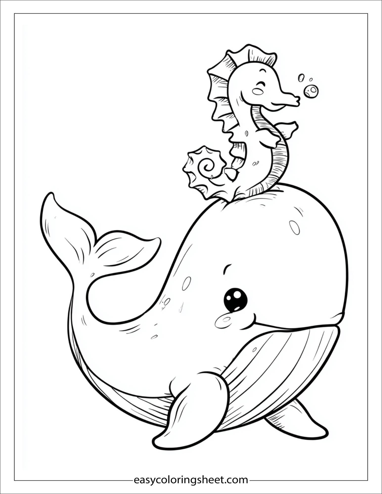 kids coloring sheet of Whale lifting a seahorse