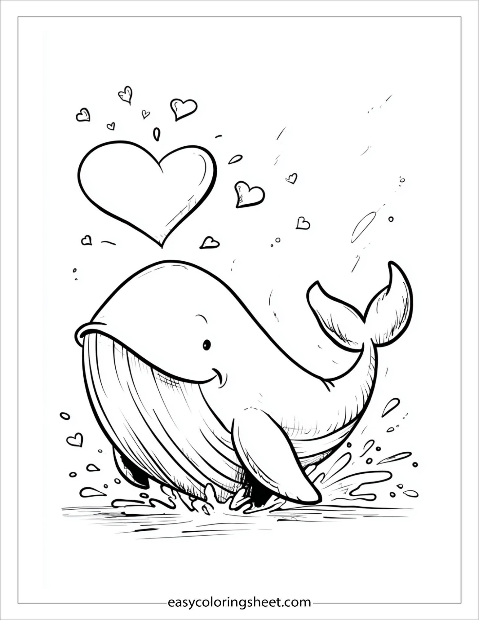 kids coloring sheet of Whale making heart shape splash