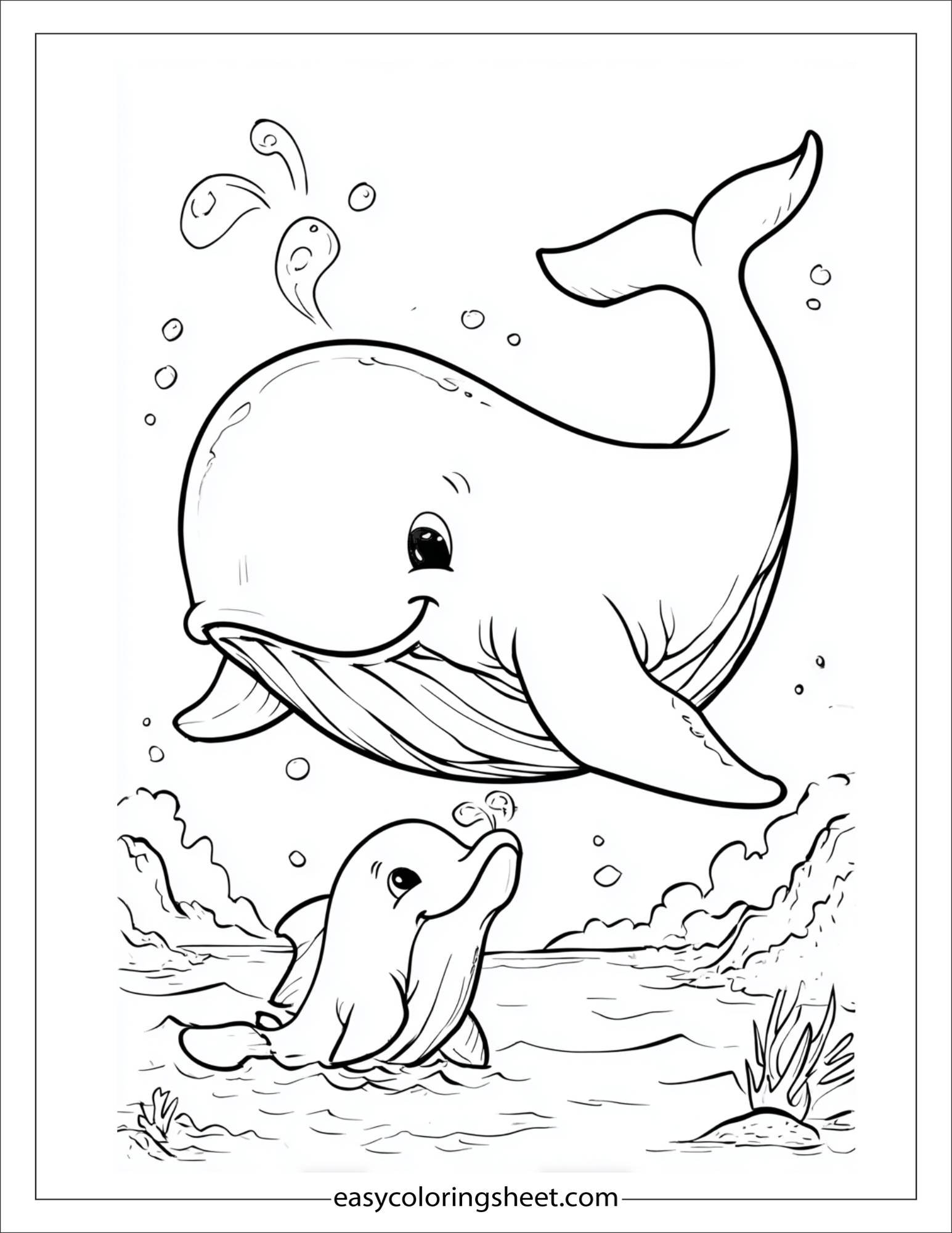 kids coloring sheet of Whale playing with dolphin