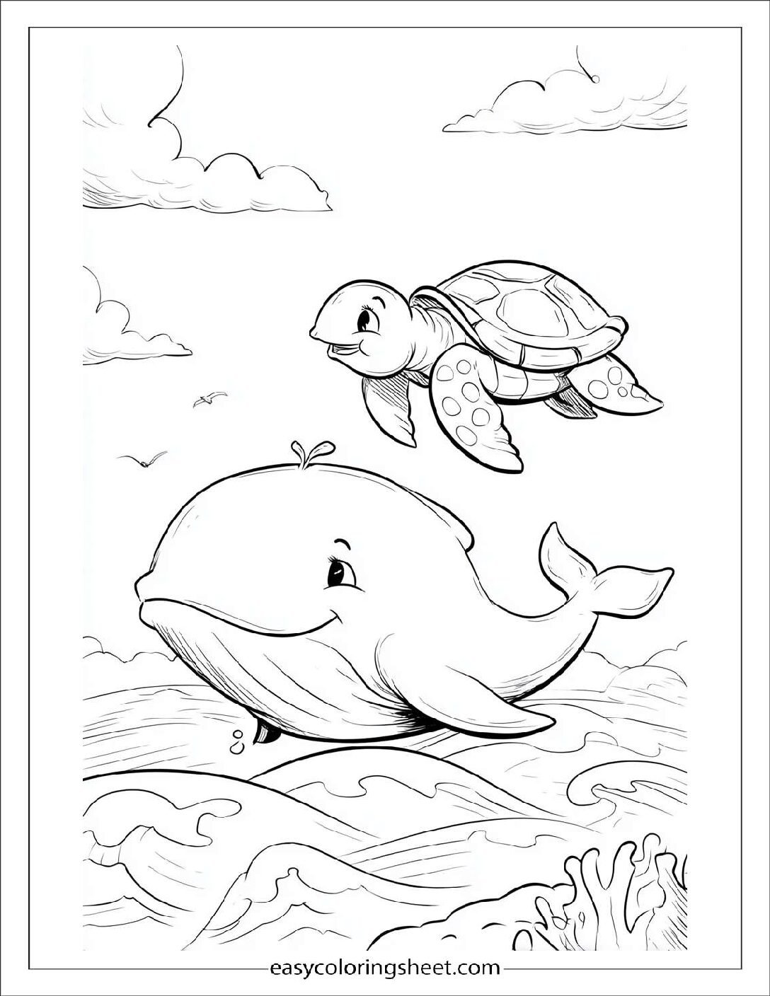 kids coloring sheet of Whale racing with sea turtle