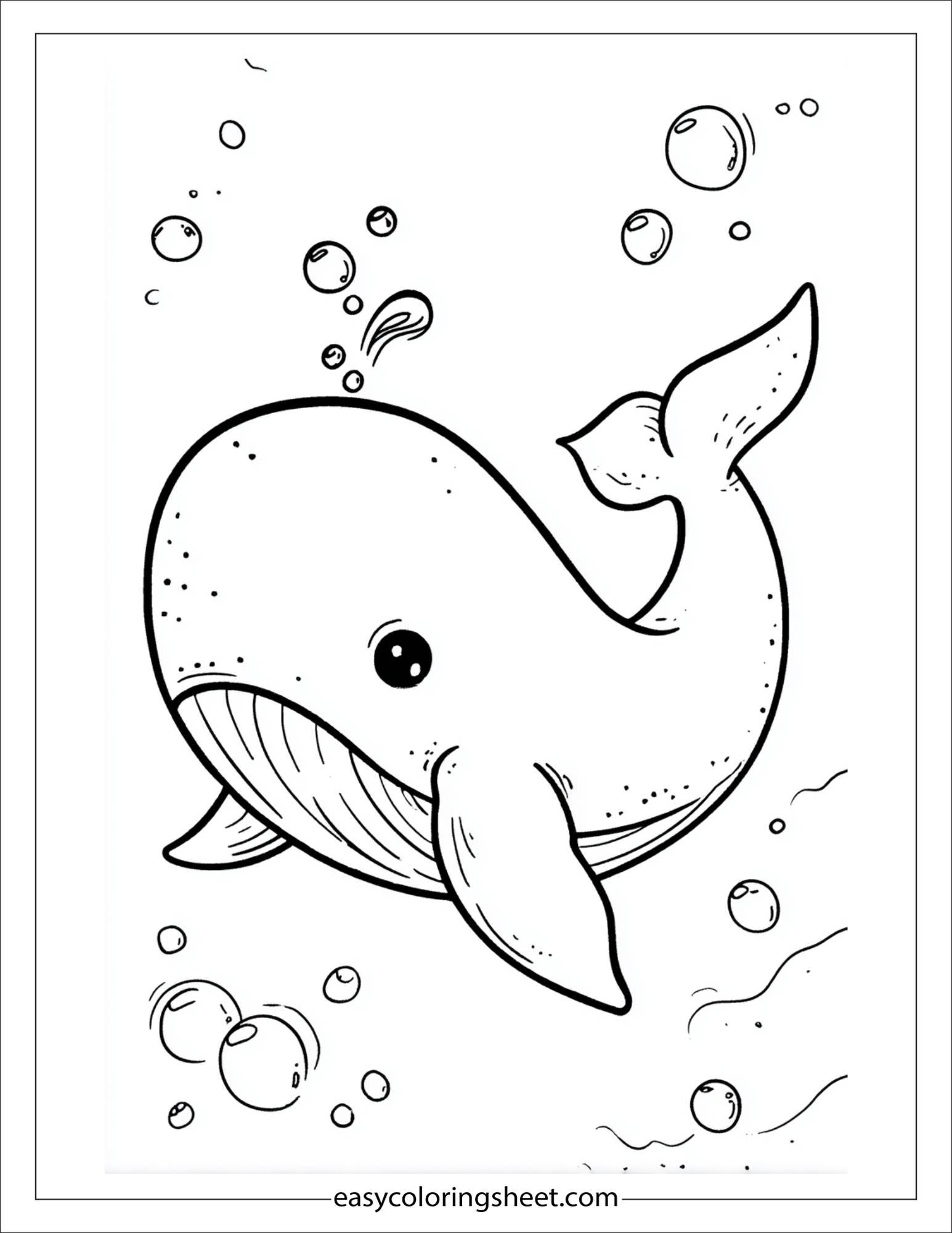 kids coloring sheet of Whale with bubbles on nose