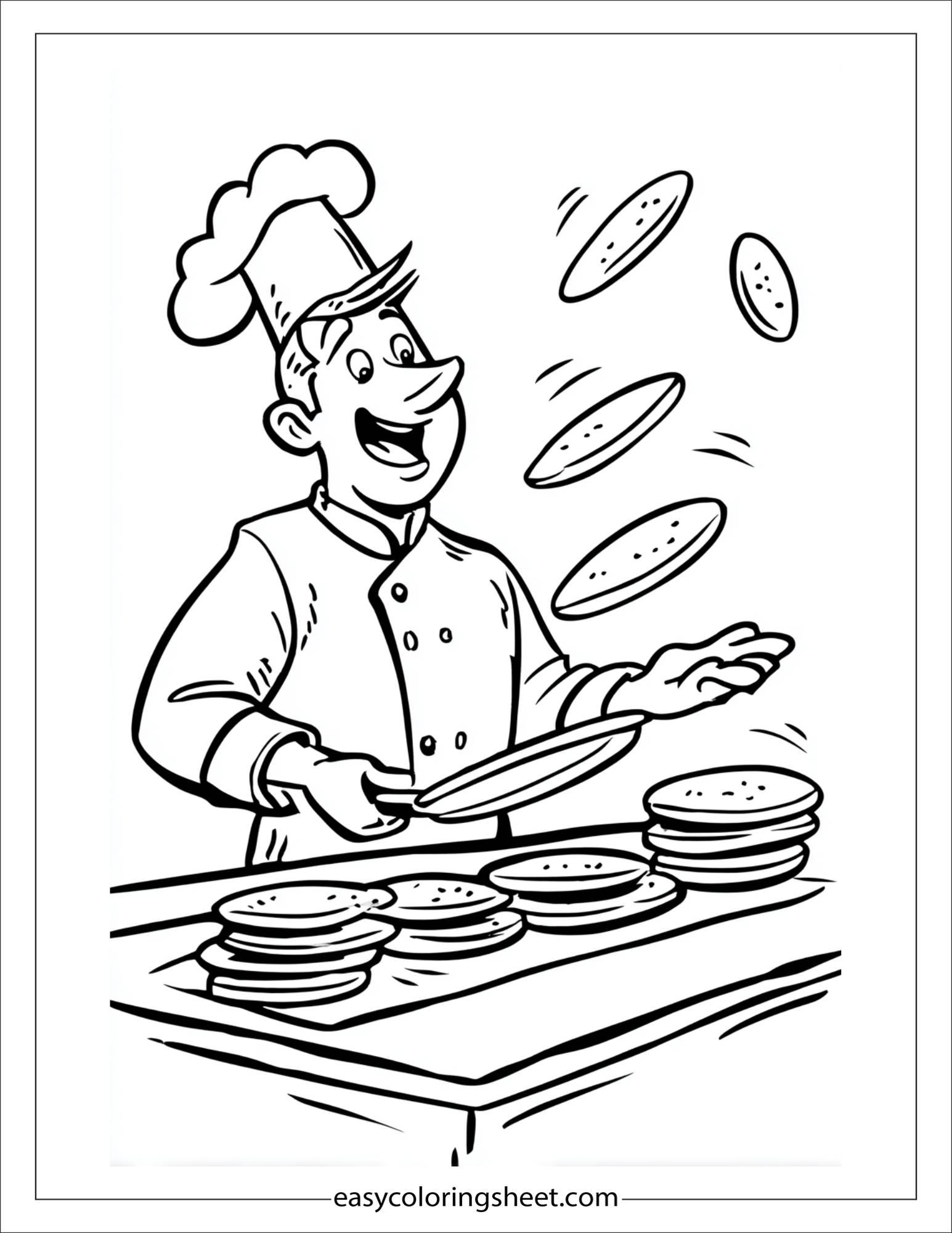 playful chef flipping pancakes