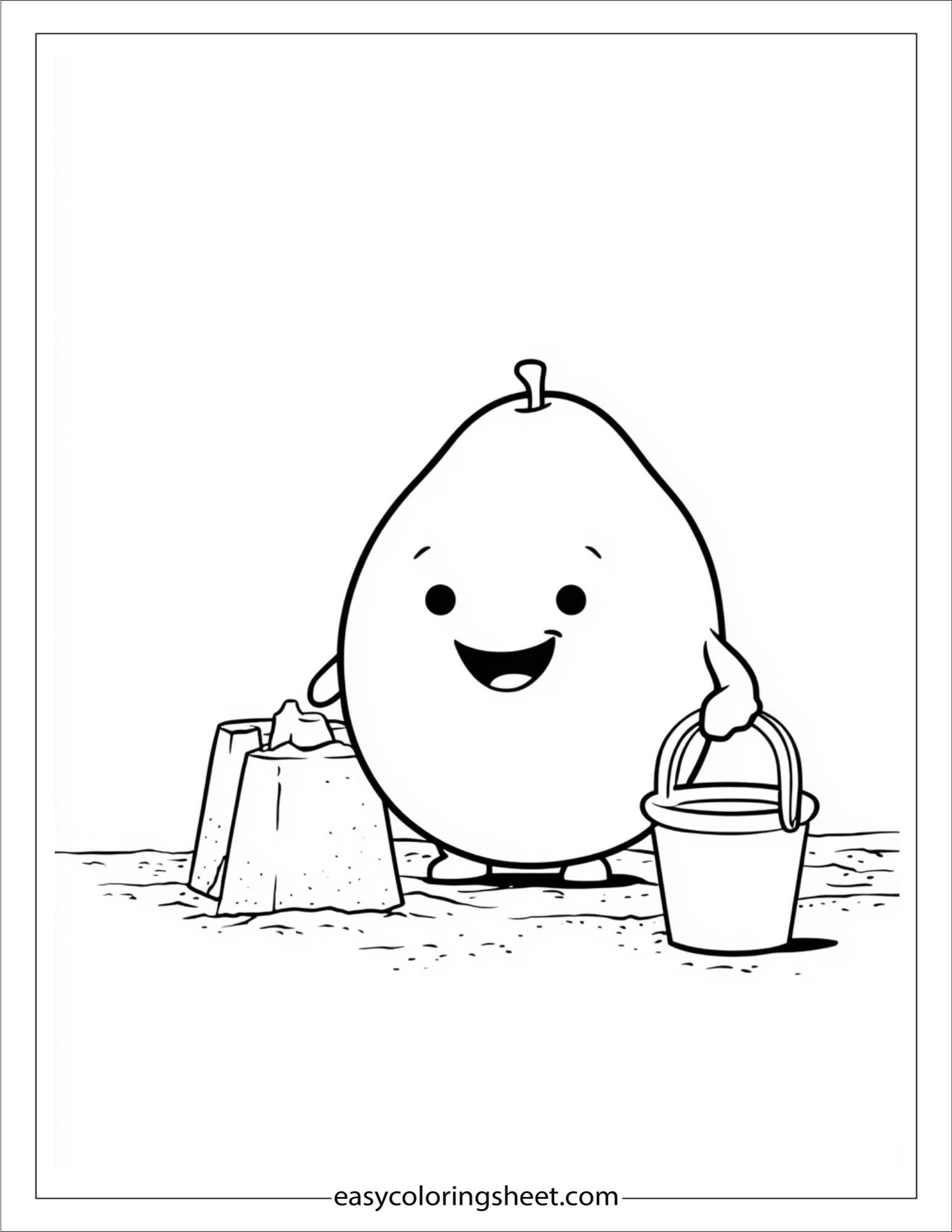 Mango building a sandcastle