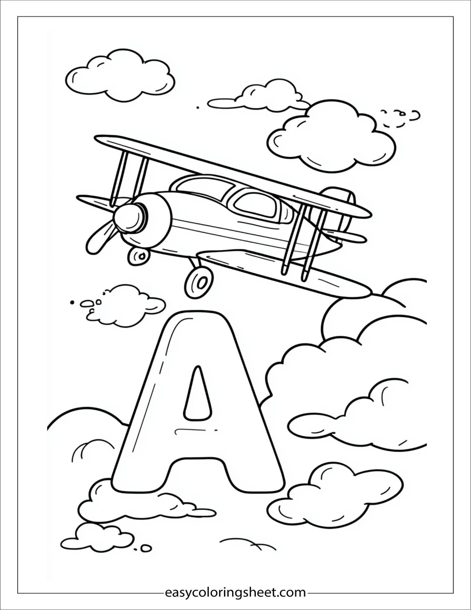 alphabet A airplane coloring page
