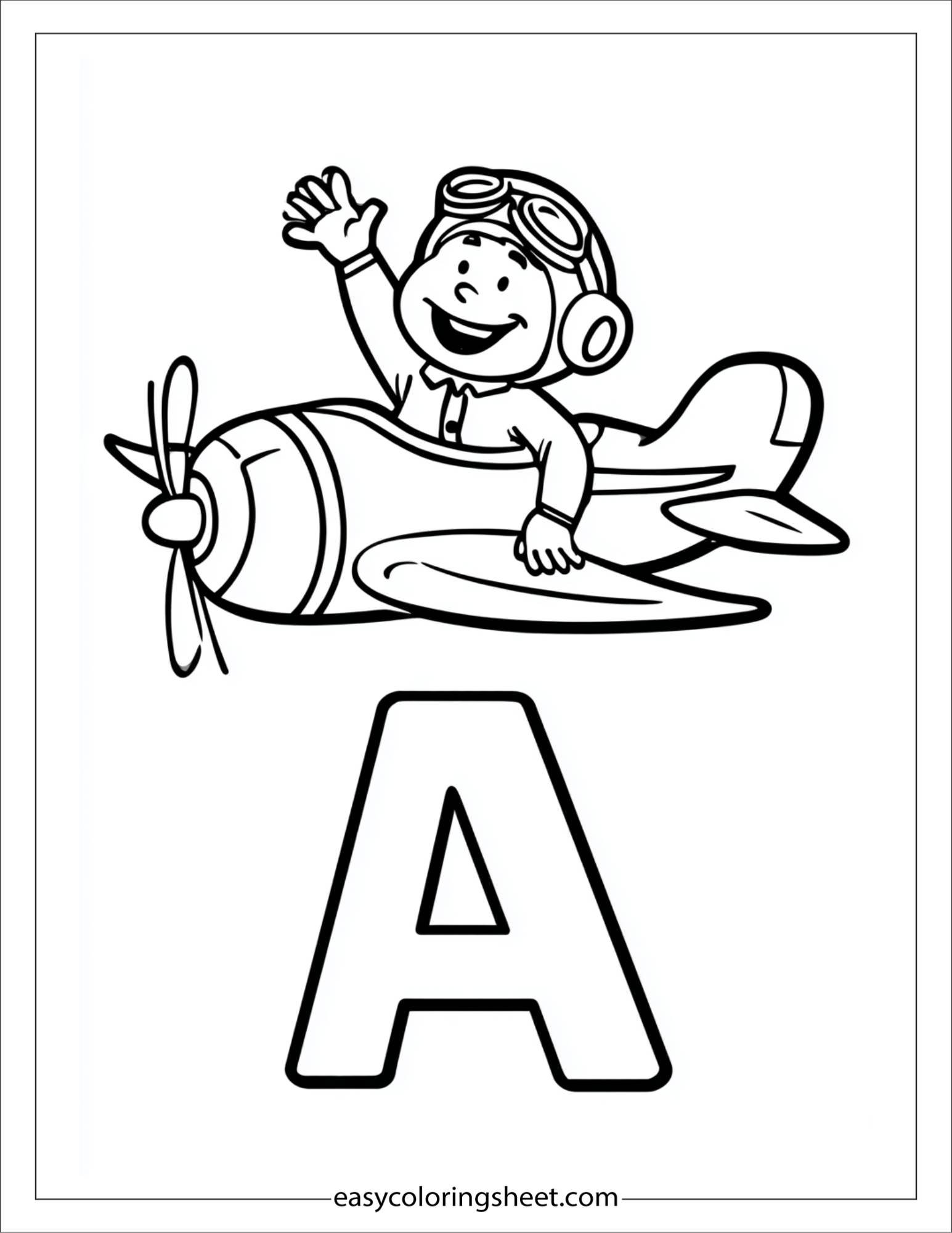 alphabet A airplane pilot coloring page