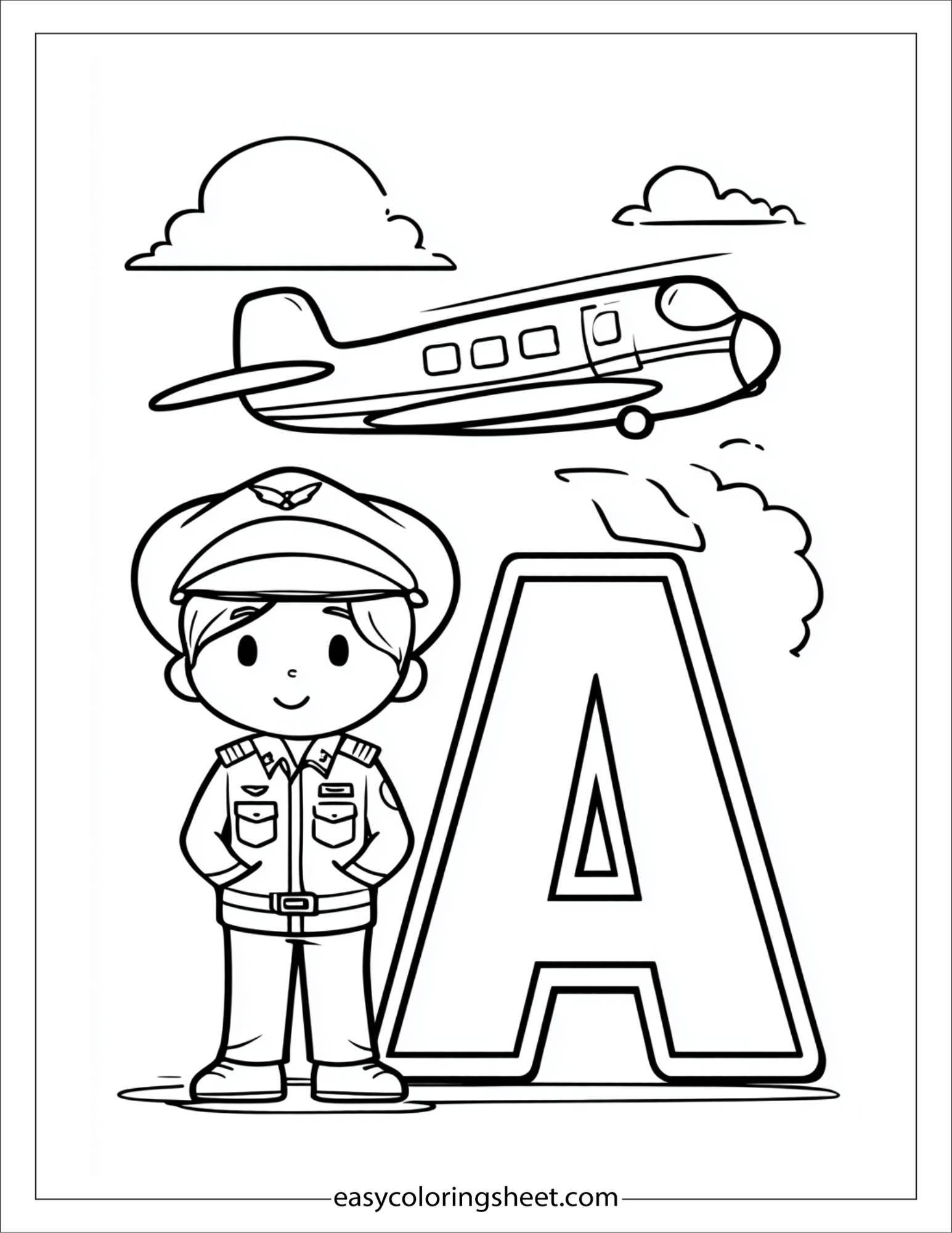 alphabet A airplane pilot kid coloring page