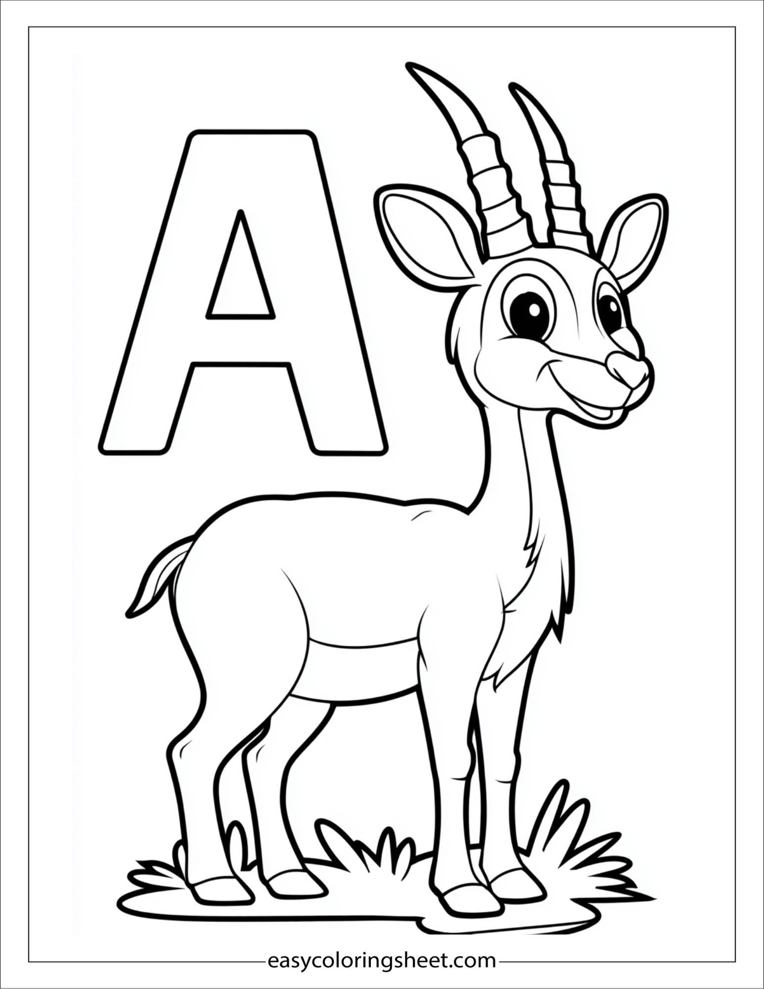 alphabet A antelope coloring page