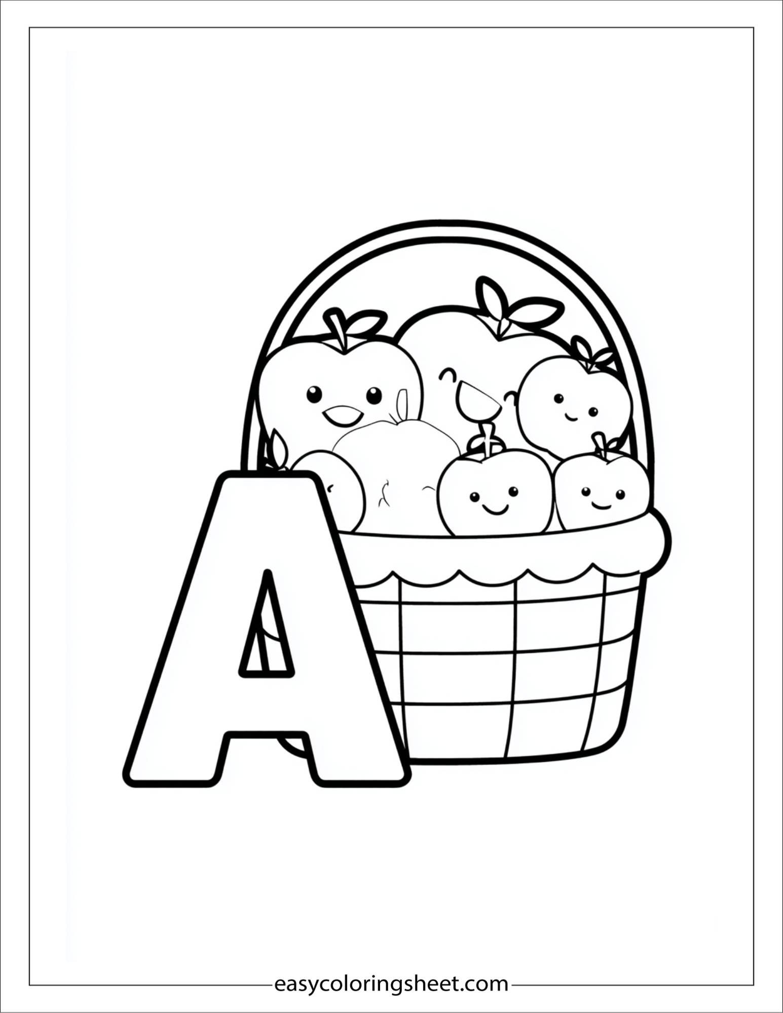 alphabet A apple basket coloring page