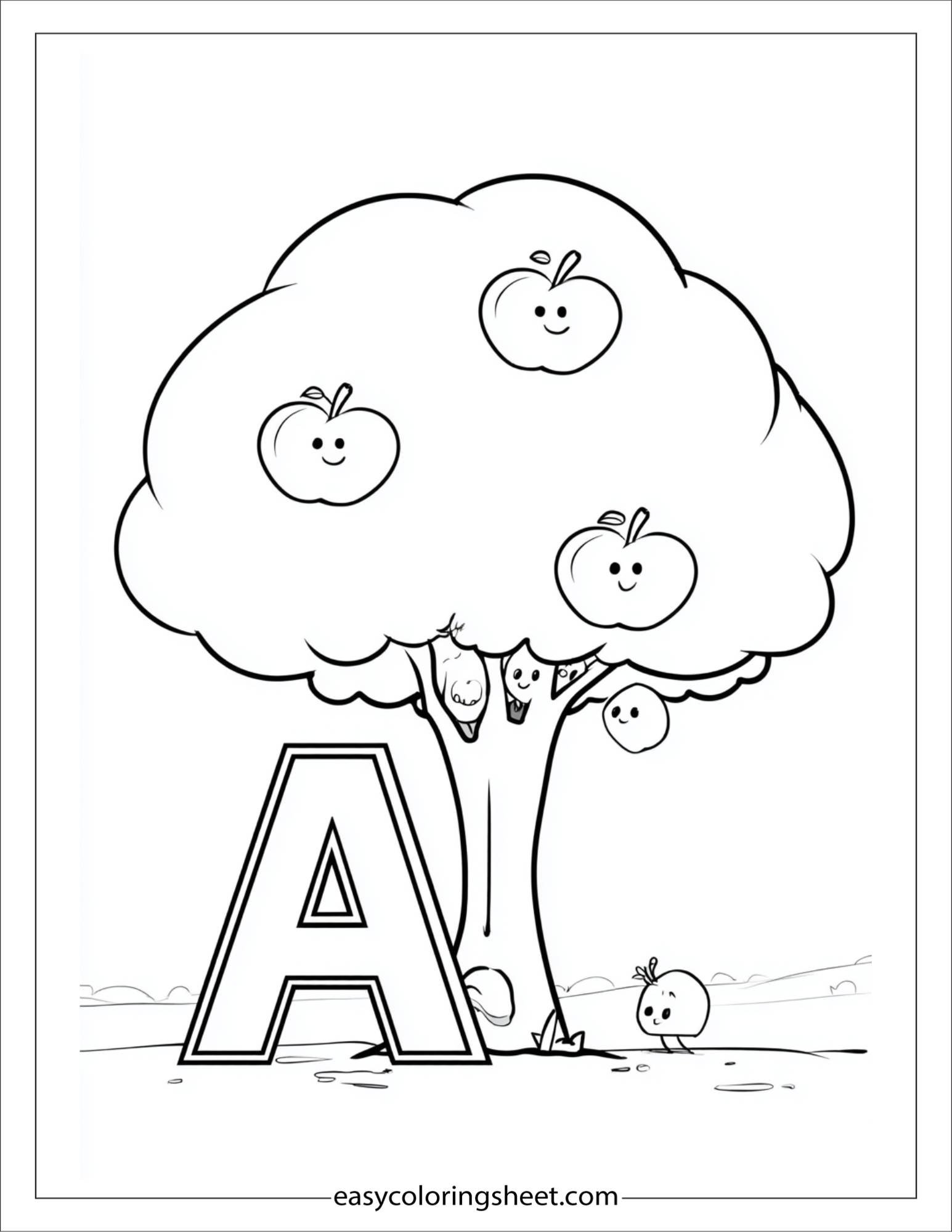 alphabet A apple tree coloring page