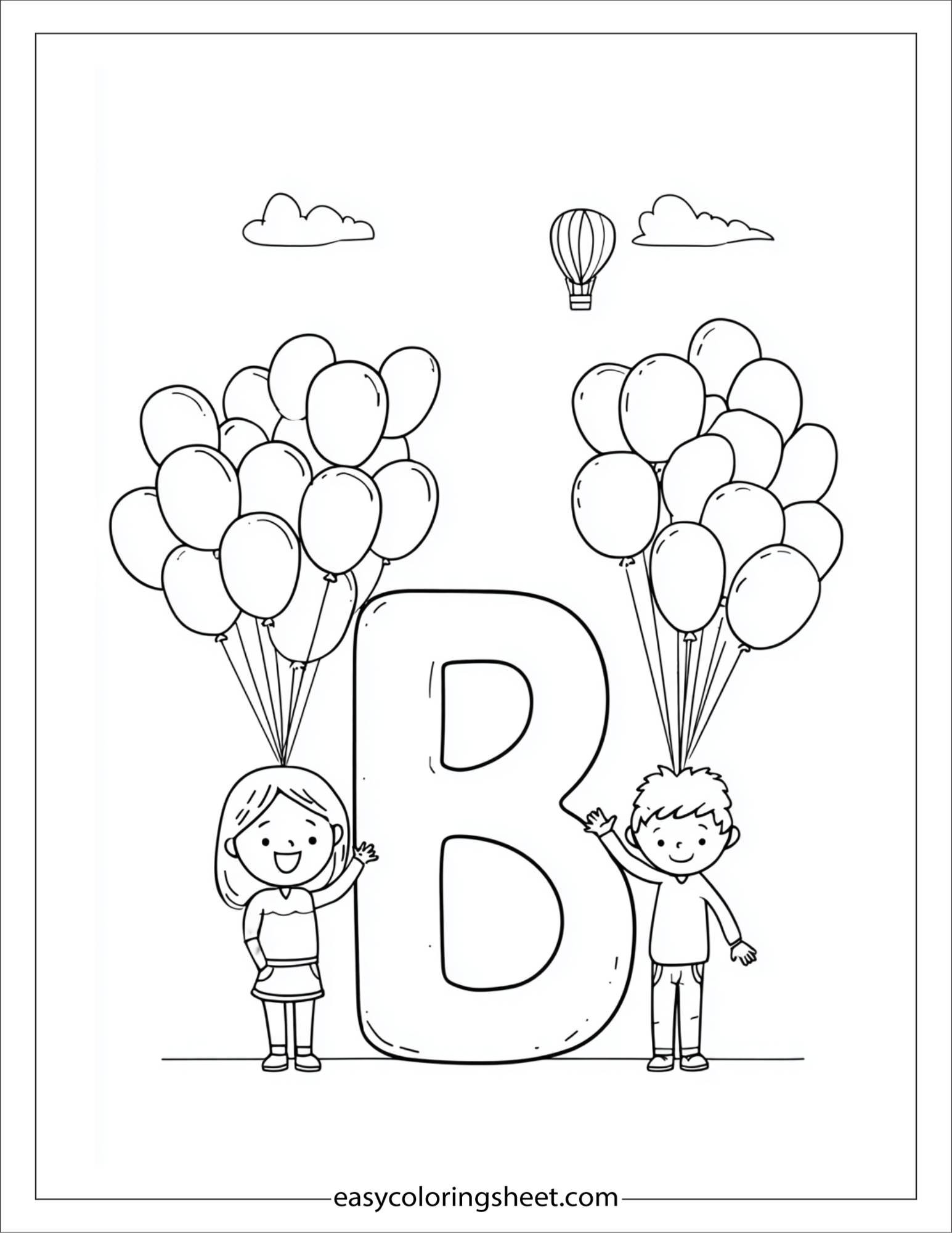 alphabet B balloon party coloring page