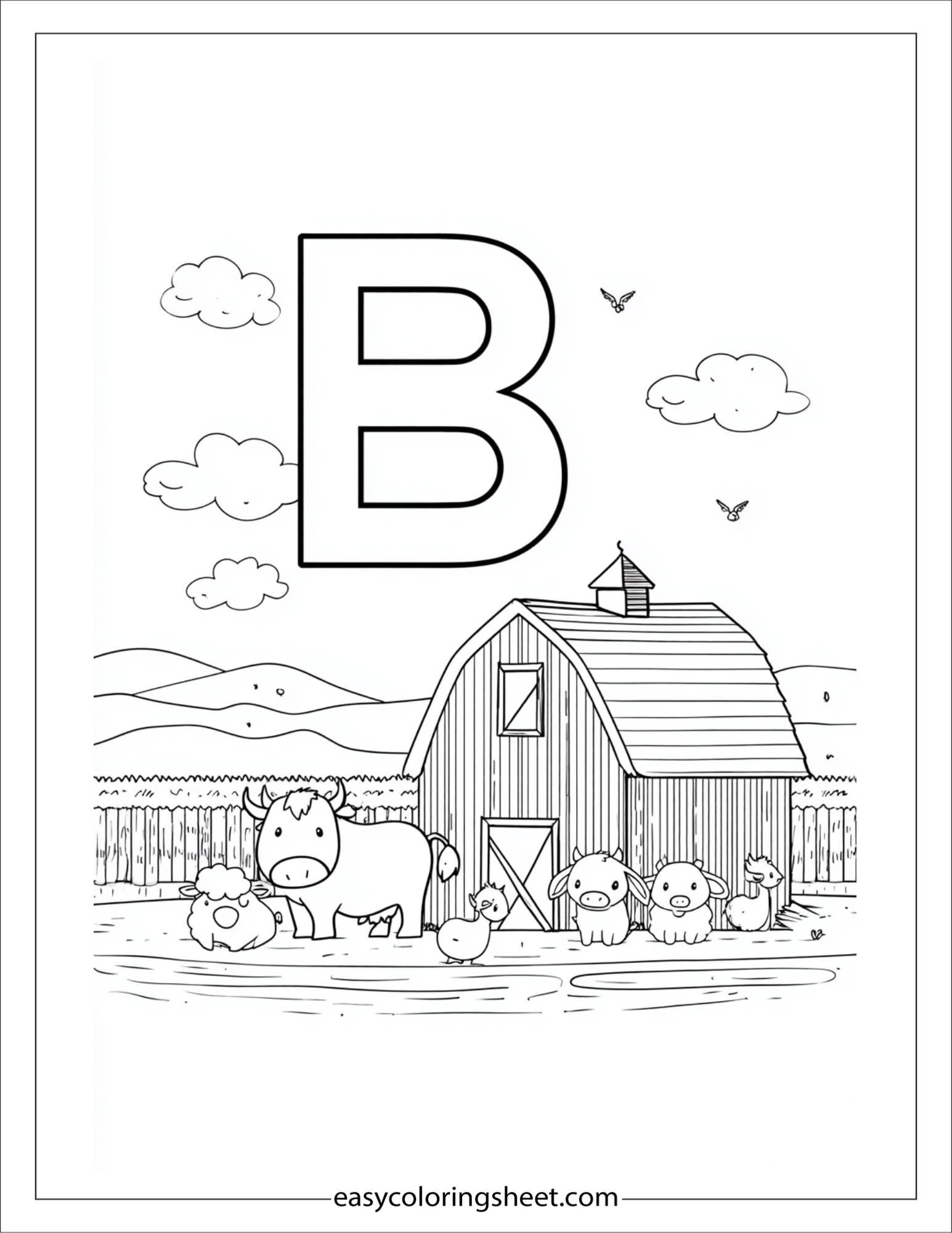 alphabet B barn coloring page
