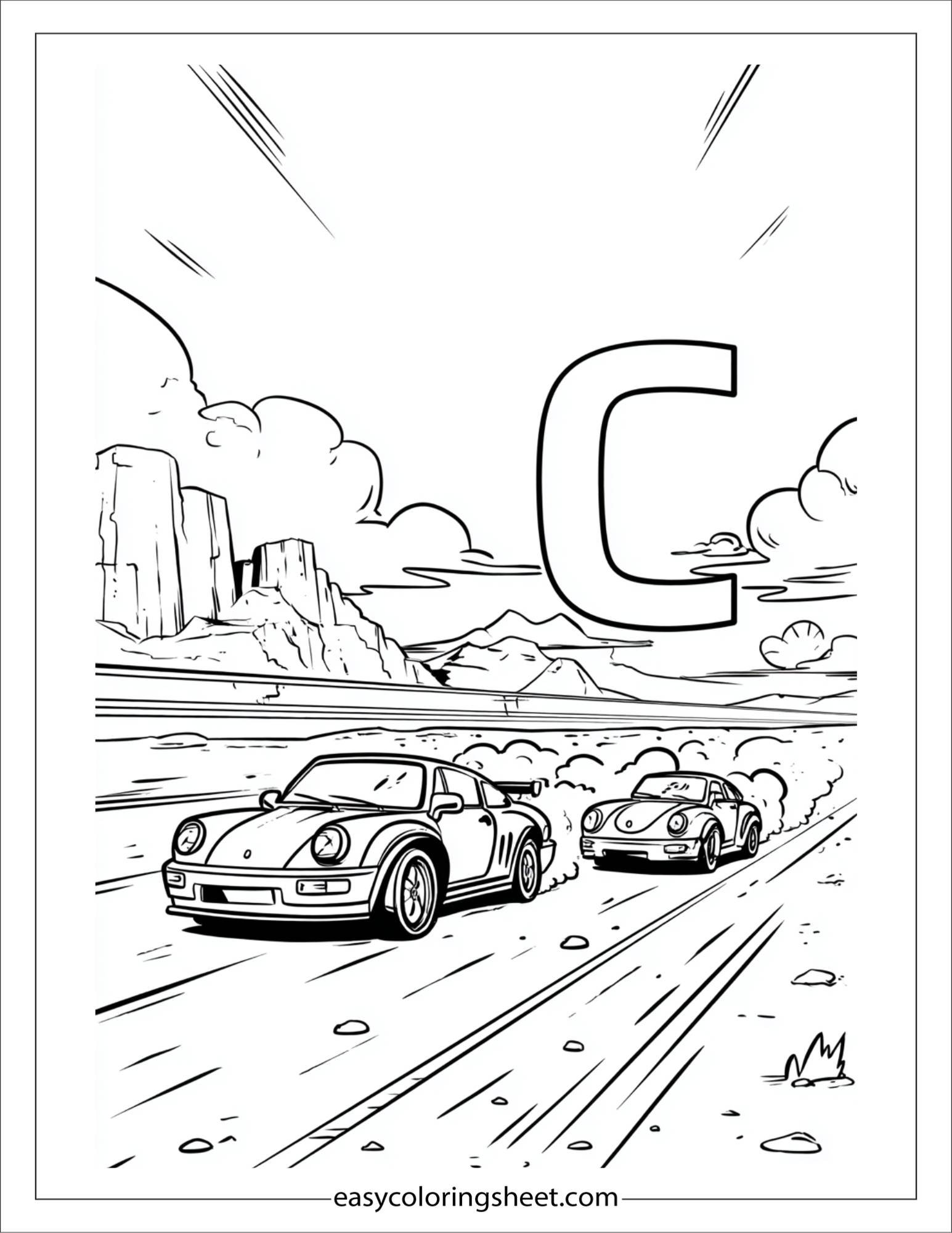 alphabet C car race coloring page