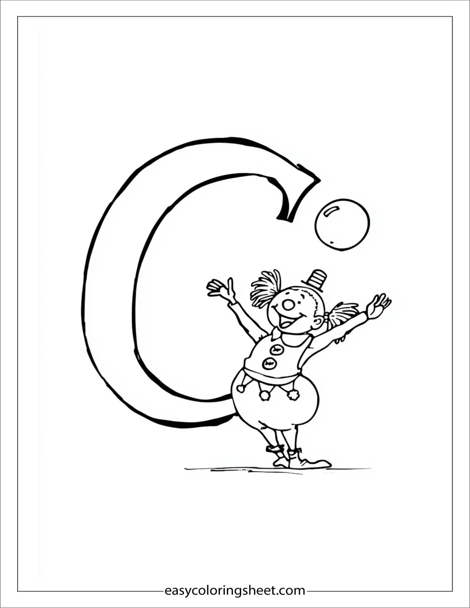 alphabet C clown circus coloring page