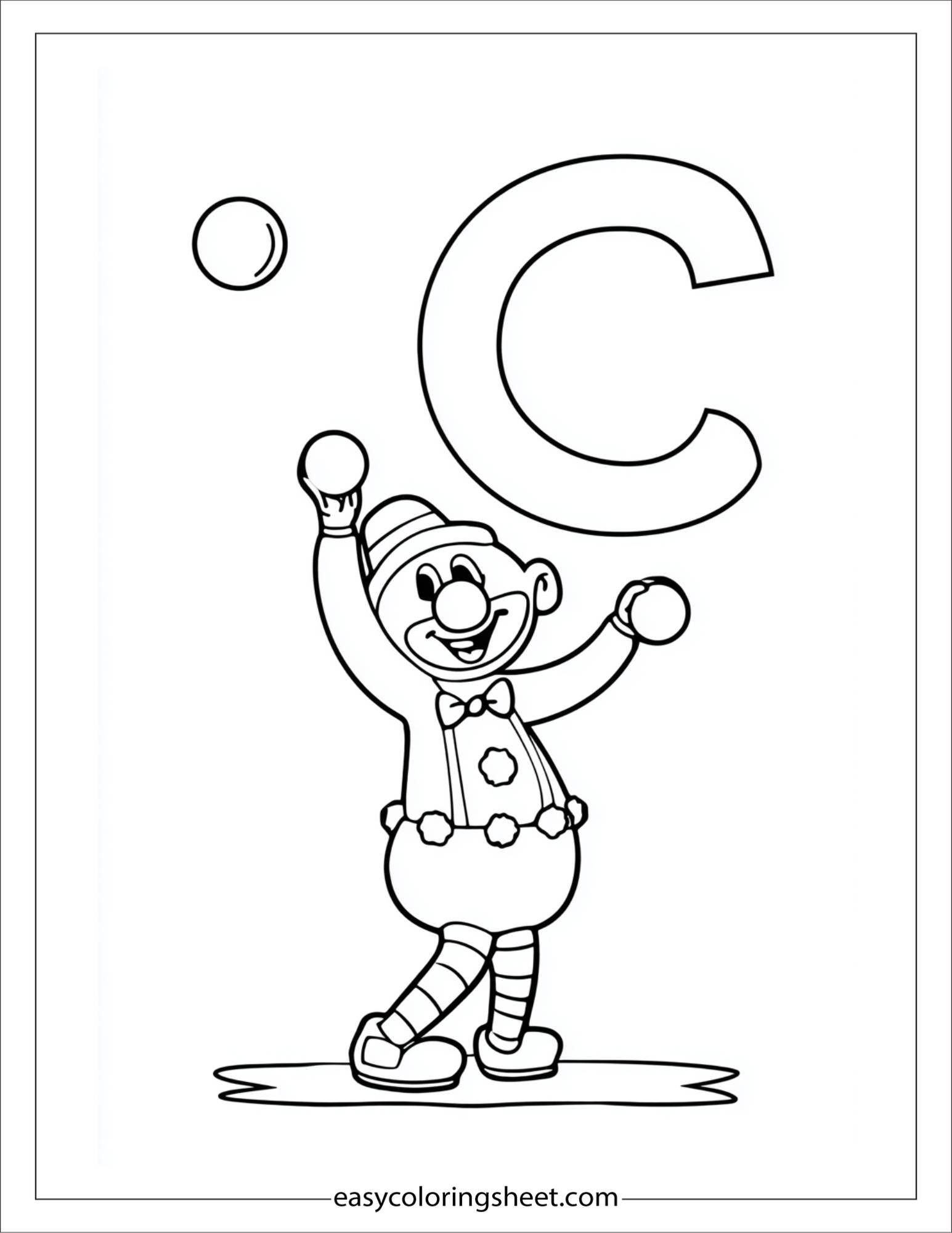 alphabet C clown coloring page