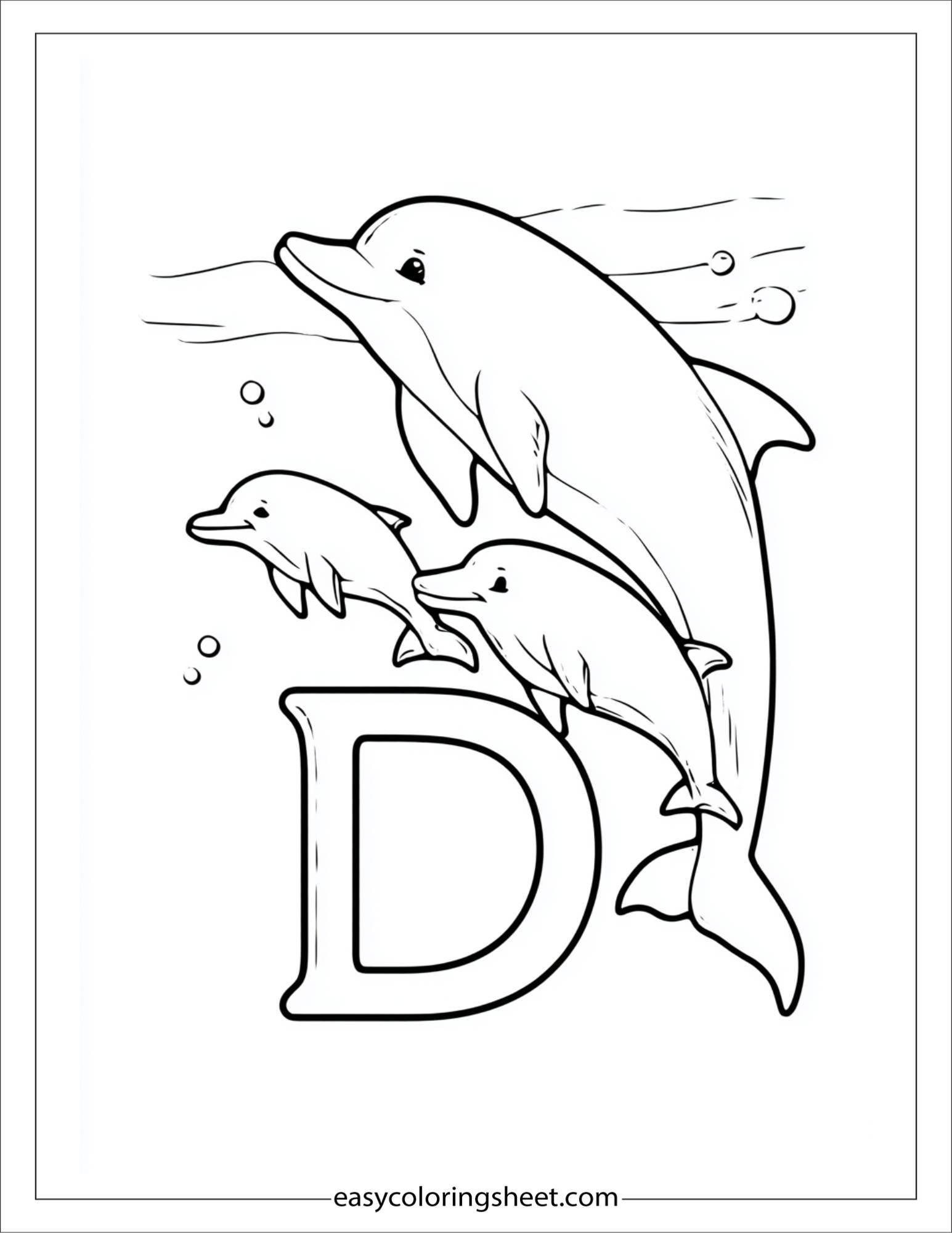 alphabet D dolphin family coloring page