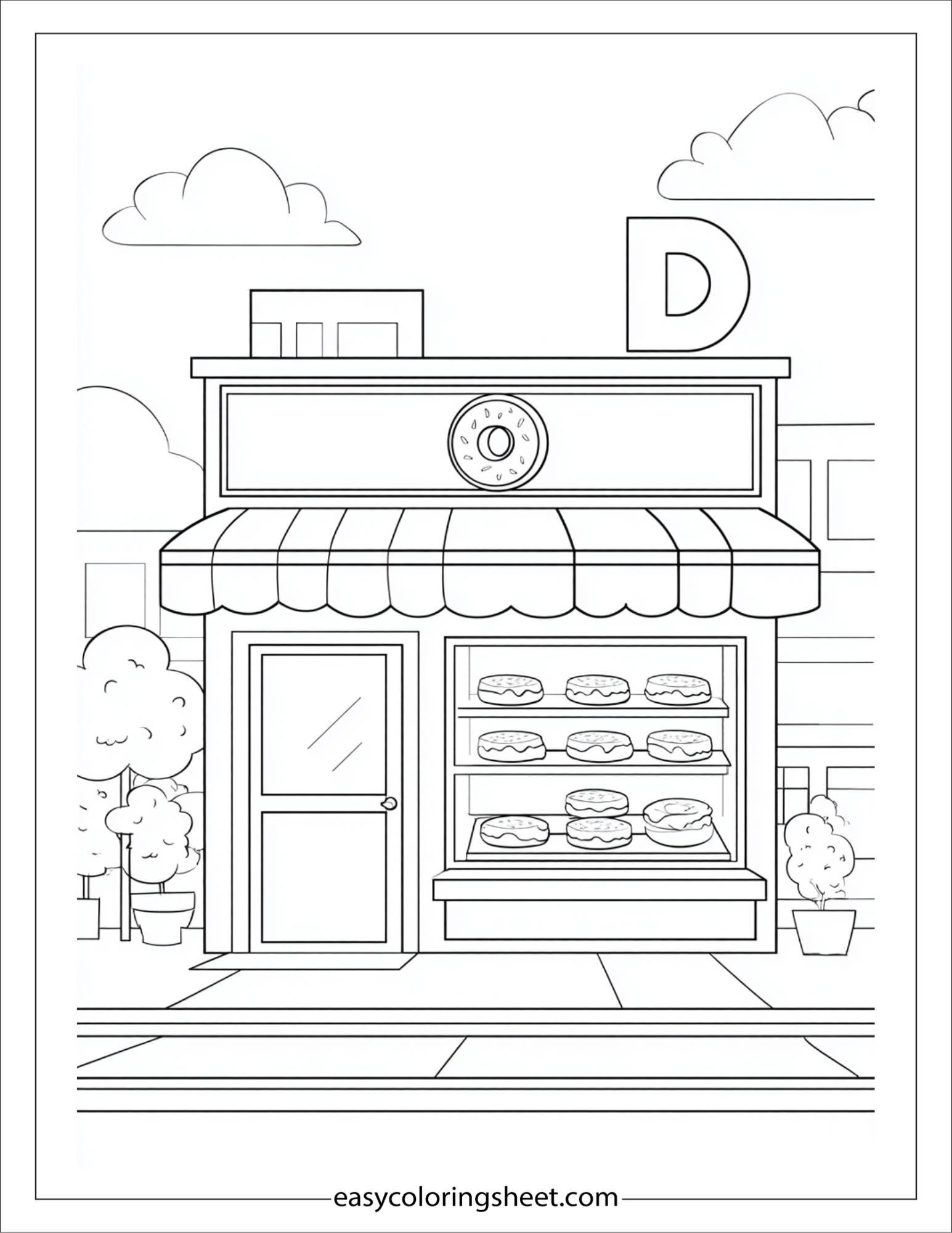 alphabet D donut shop coloring page