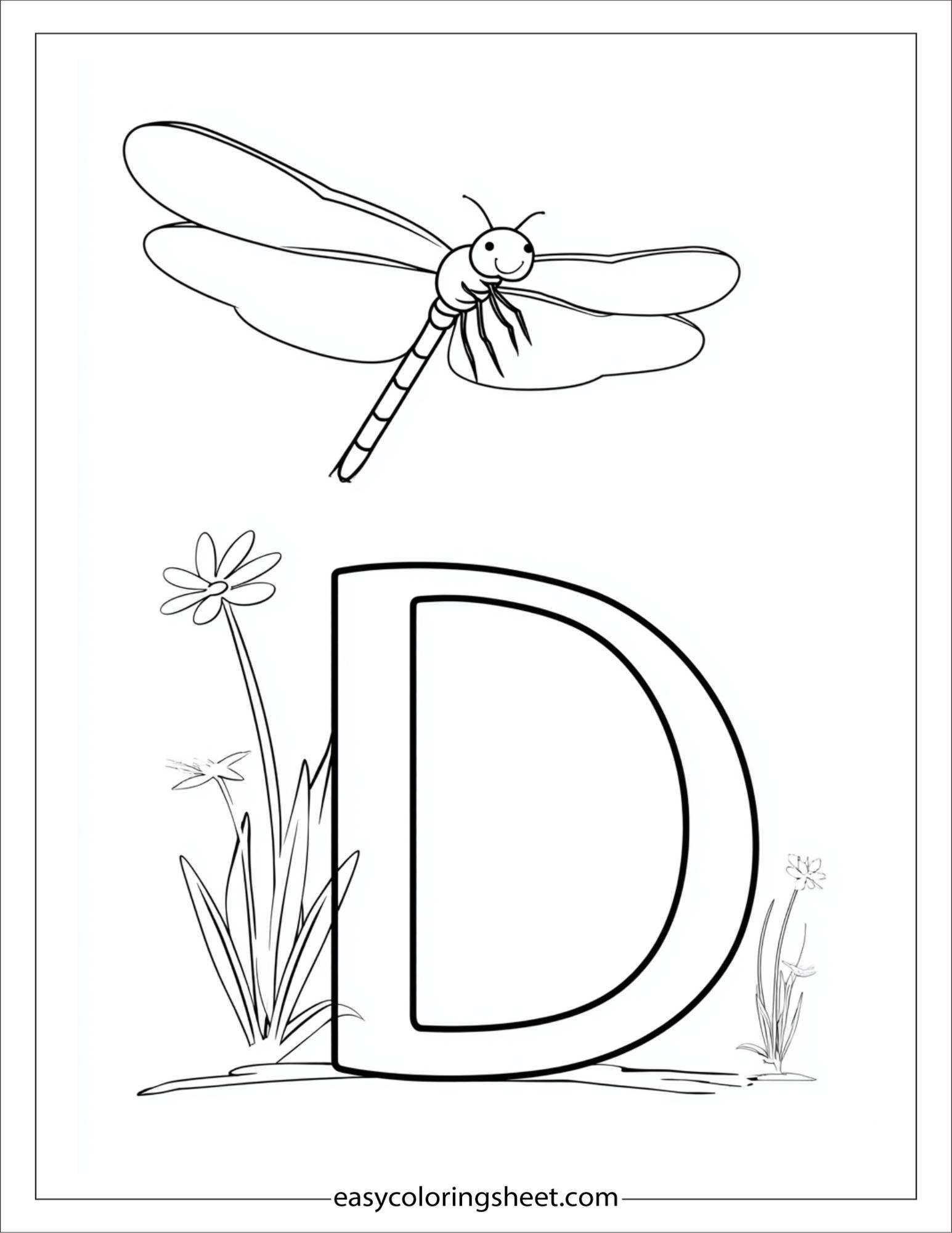 alphabet D dragonfly coloring page