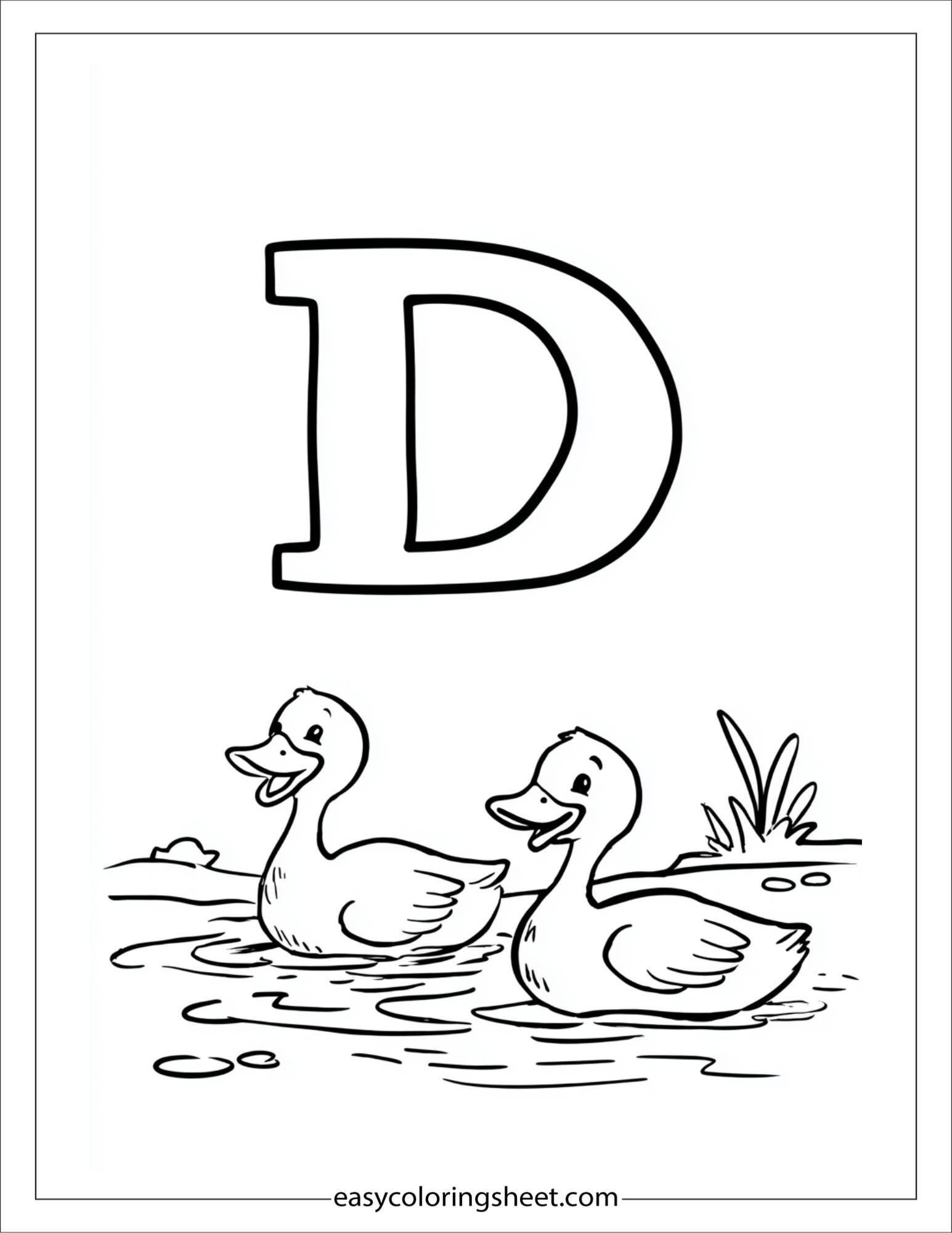 alphabet D duck pond coloring page
