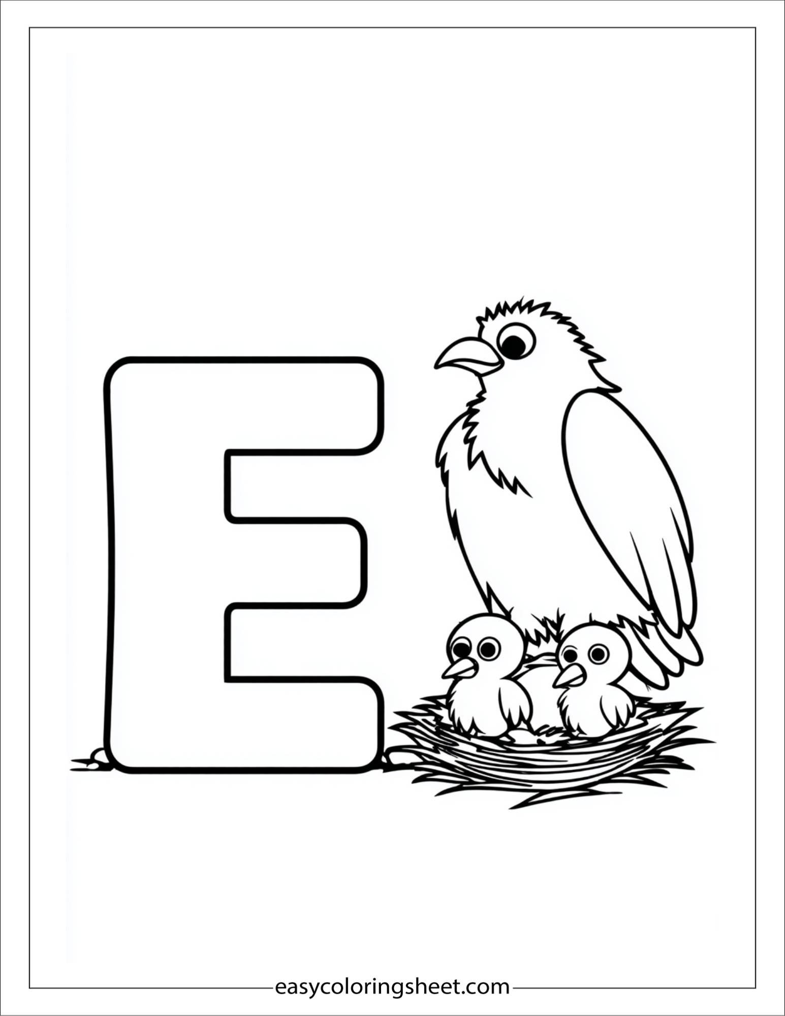 alphabet E eagle family coloring page