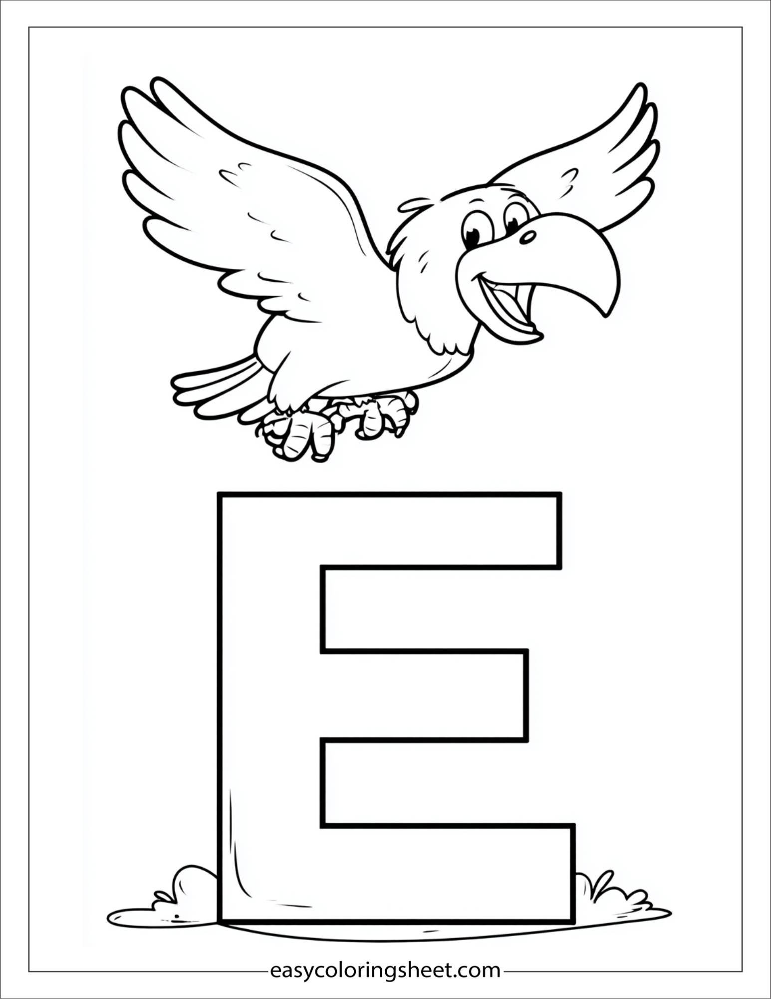alphabet E eagle flying sky coloring page