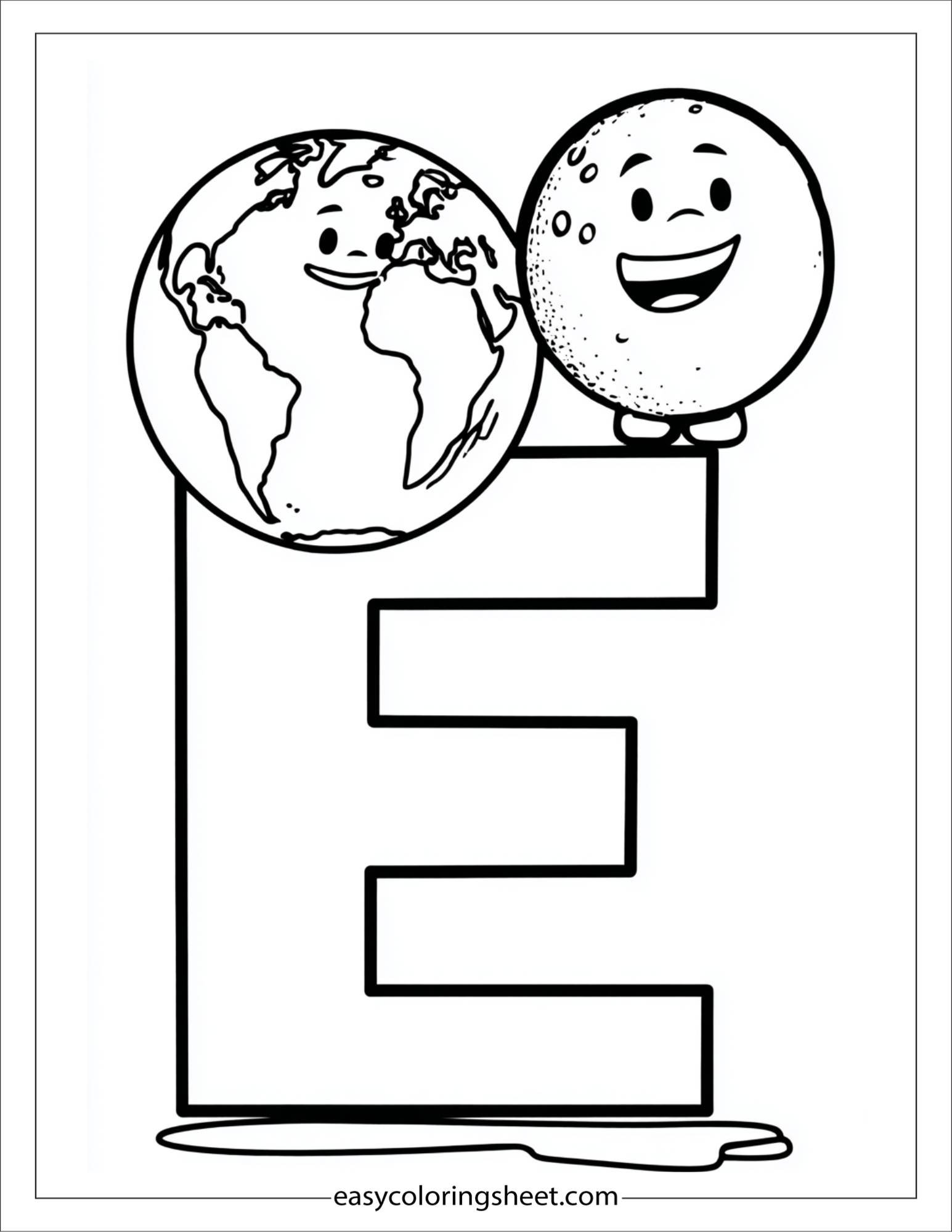 alphabet E earth and moon coloring page