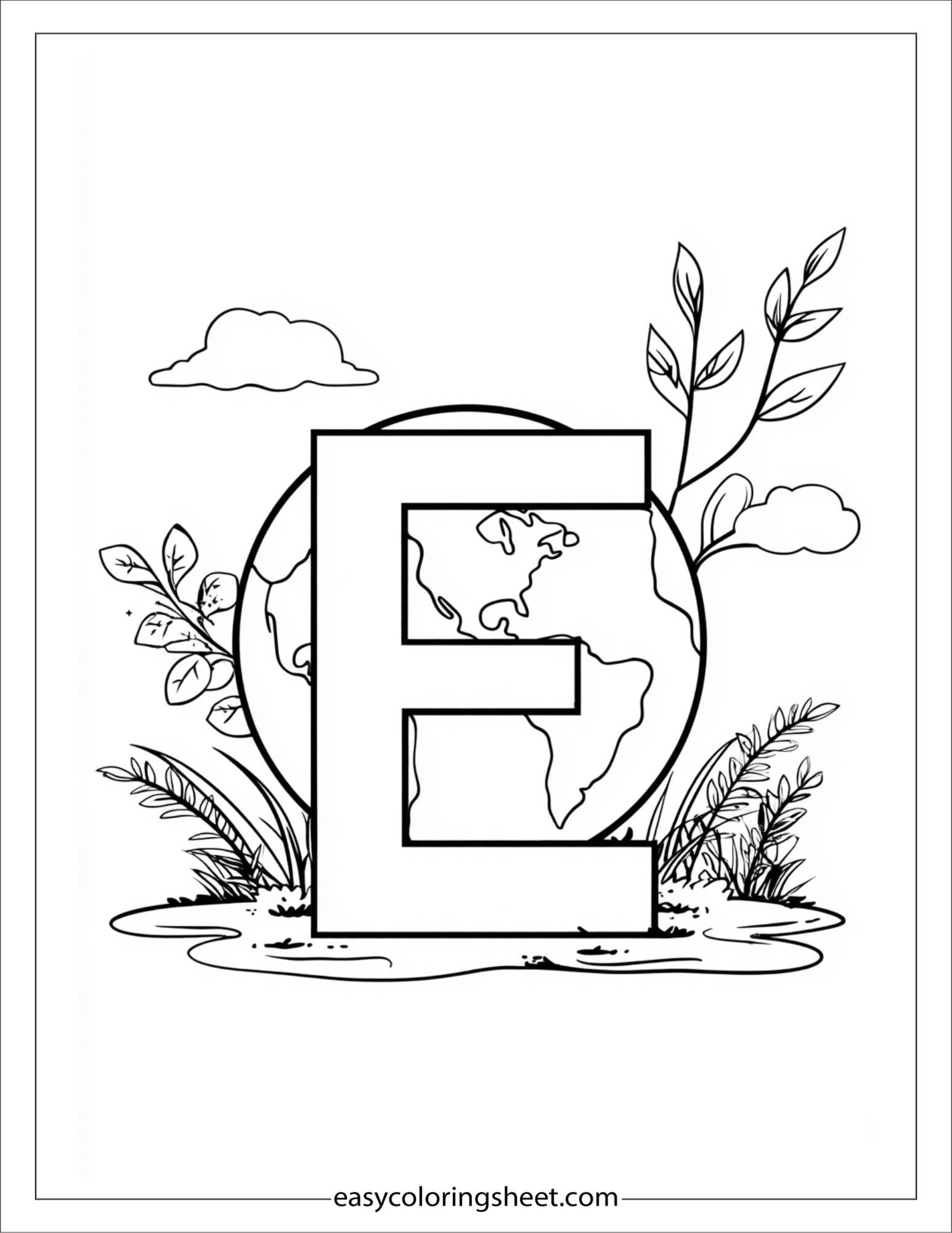alphabet E earth plants coloring page