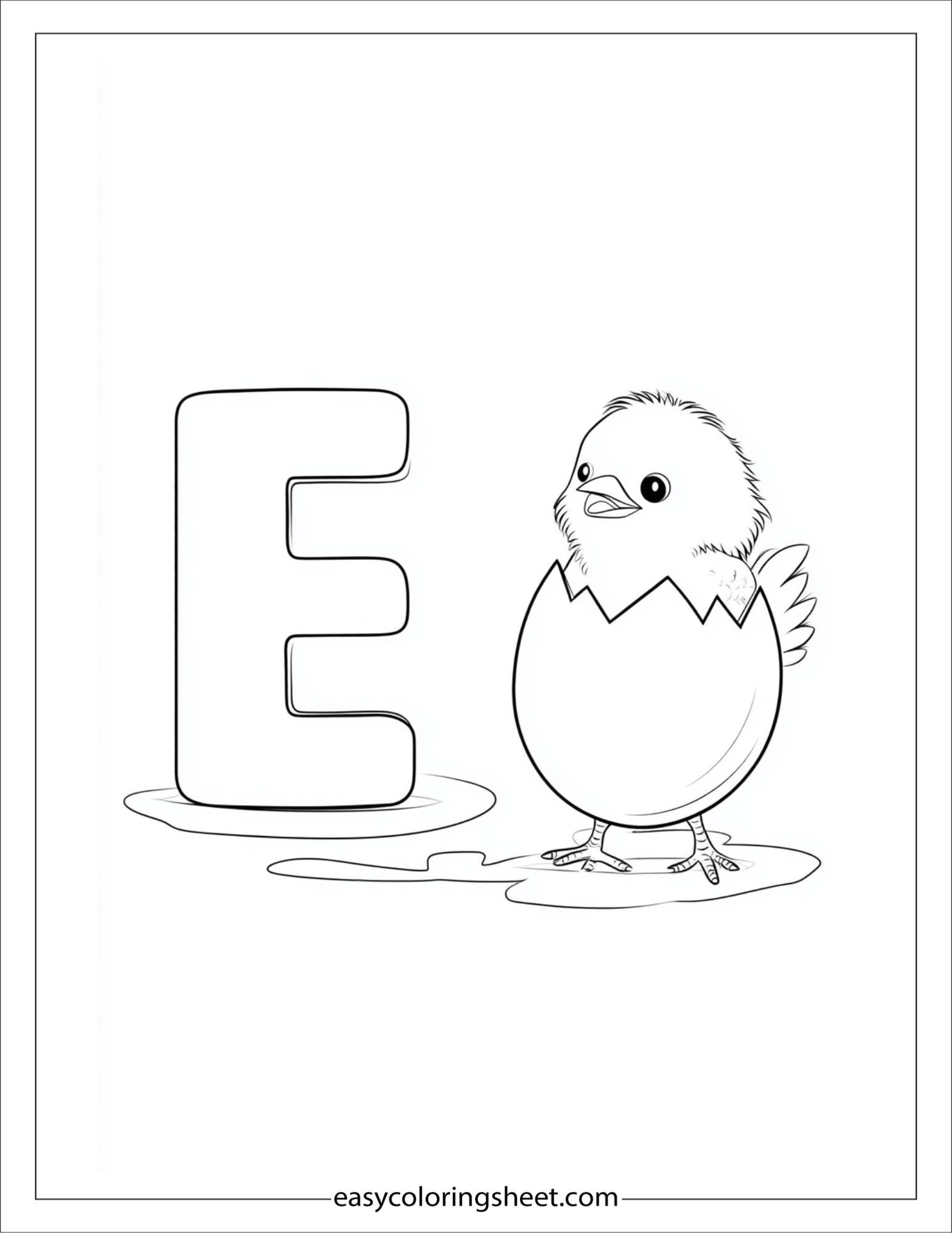 alphabet E egg hatching coloring page