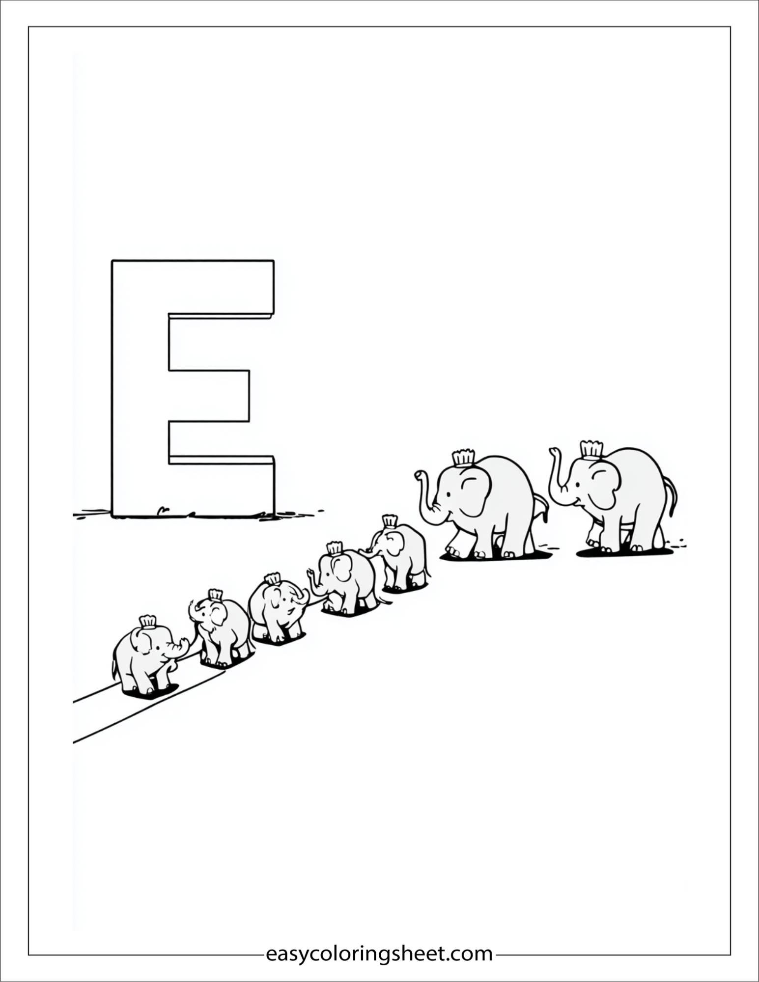 alphabet E elephant parade coloring page
