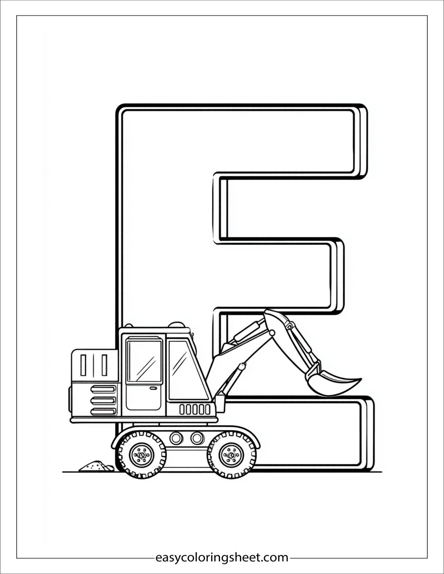alphabet E excavator coloring page