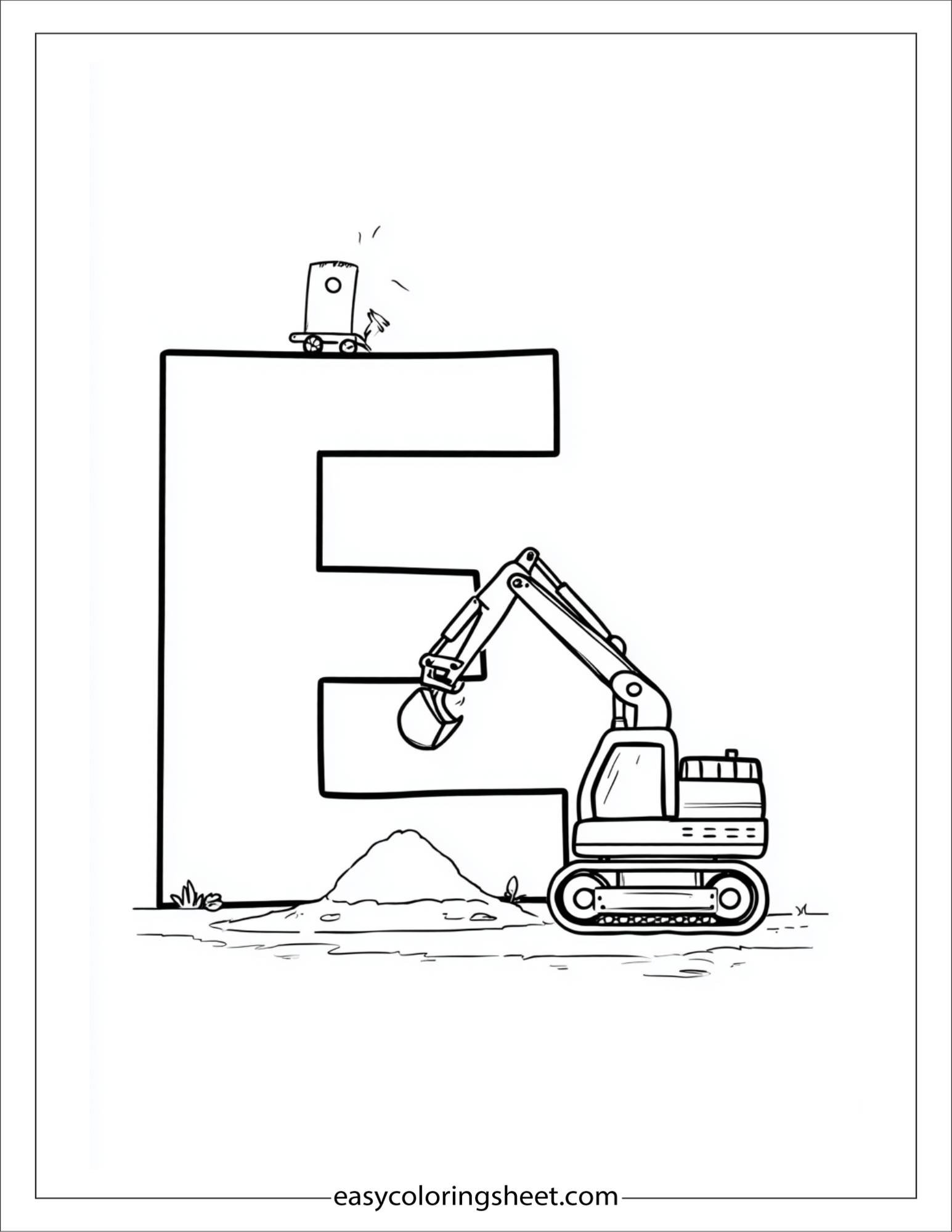alphabet E excavator site coloring page